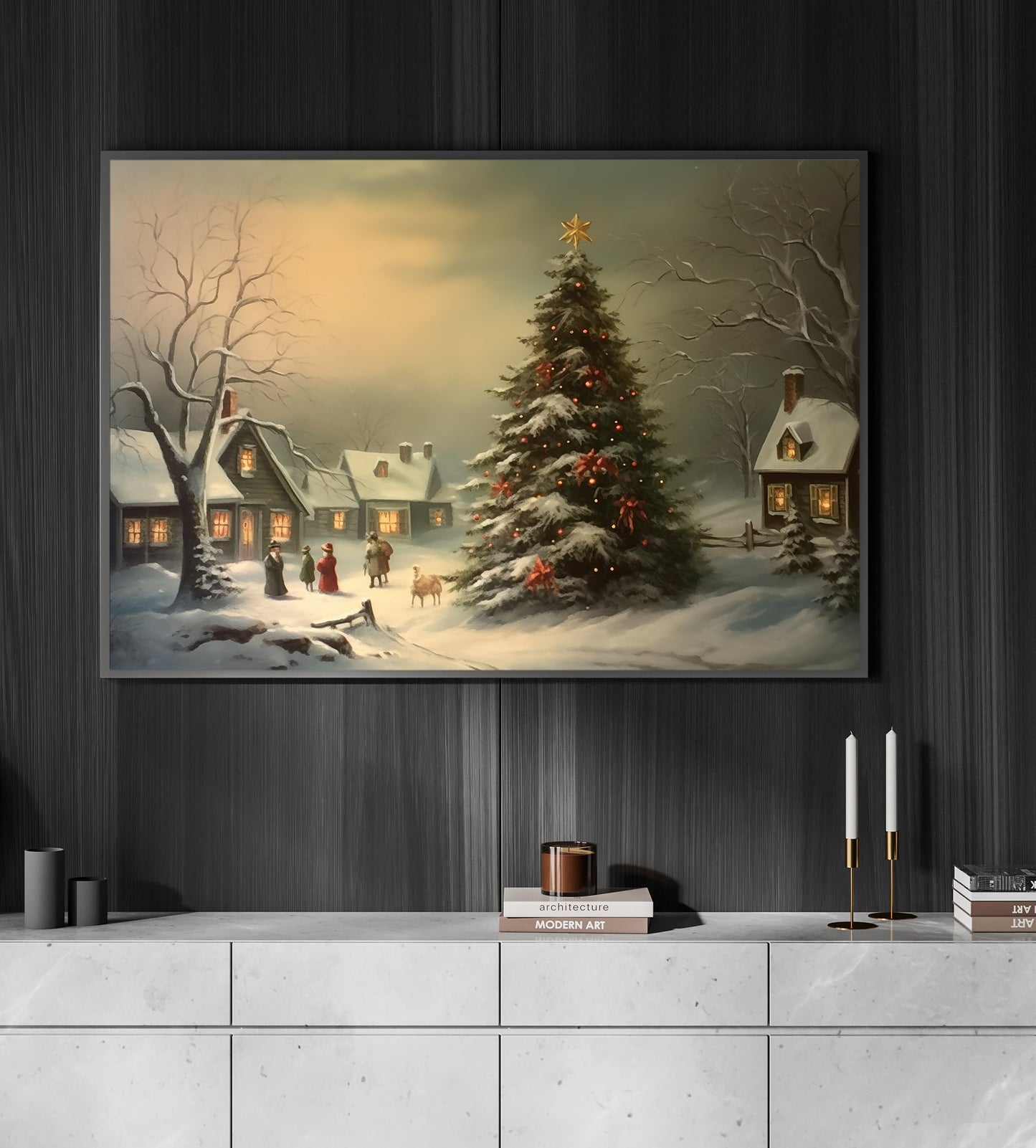 Holiday Cheer in Twilight, Christmas Canvas Painting, Xmas Wall Art Decor - Christmas Poster Gift