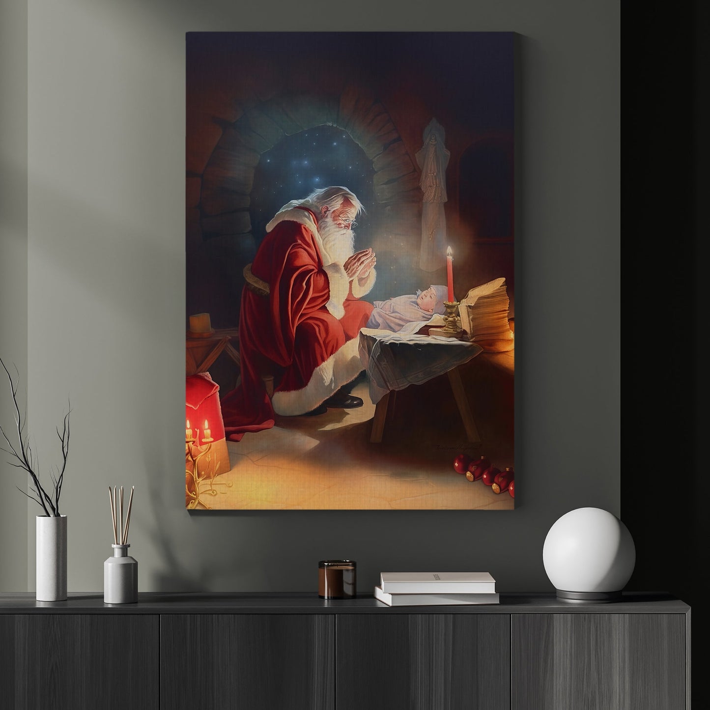 Santa Claus Kneeling At The Manger, Santa Claus Christmas Canvas Painting, Xmas Wall Art Decor - Christmas Poster Gift