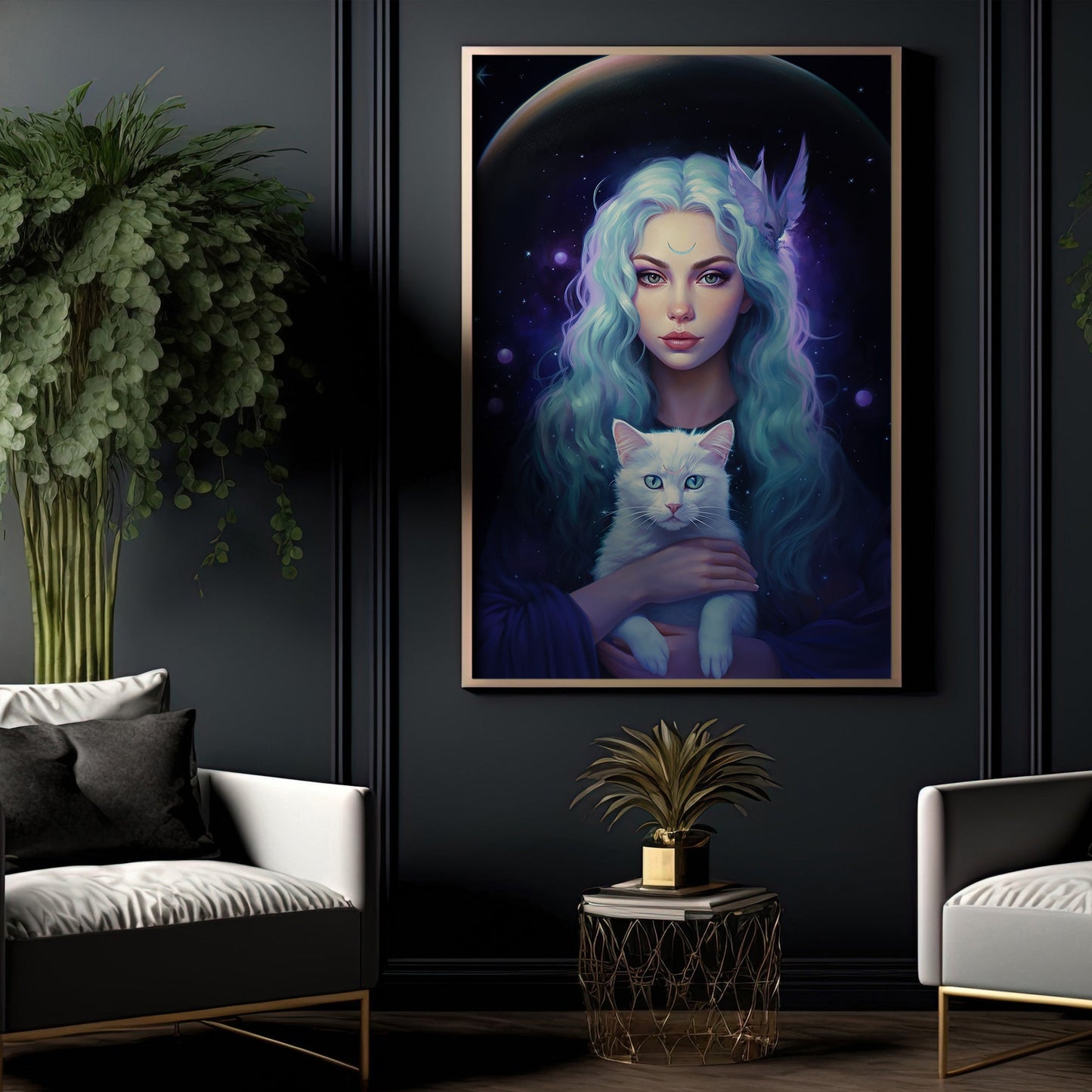 Portrait Girl Galaxy With White Cat, Cat Canvas Painting, Wall Art Decor - Poster Gift For Cat Lovers