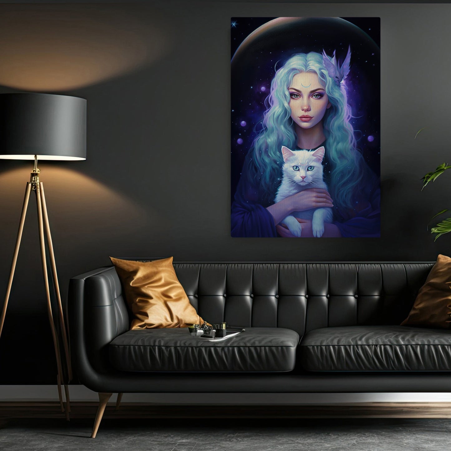 Portrait Girl Galaxy With White Cat, Cat Canvas Painting, Wall Art Decor - Poster Gift For Cat Lovers