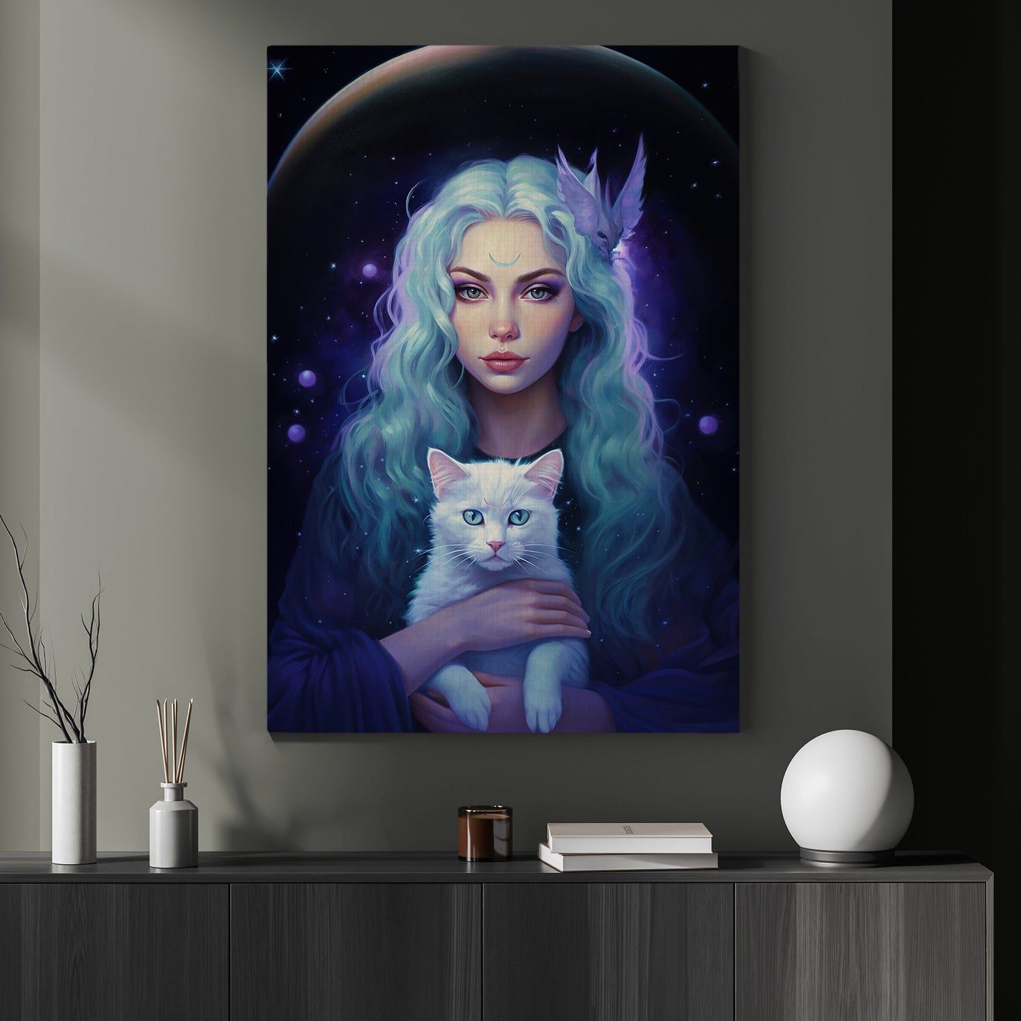 Portrait Girl Galaxy With White Cat, Cat Canvas Painting, Wall Art Decor - Poster Gift For Cat Lovers