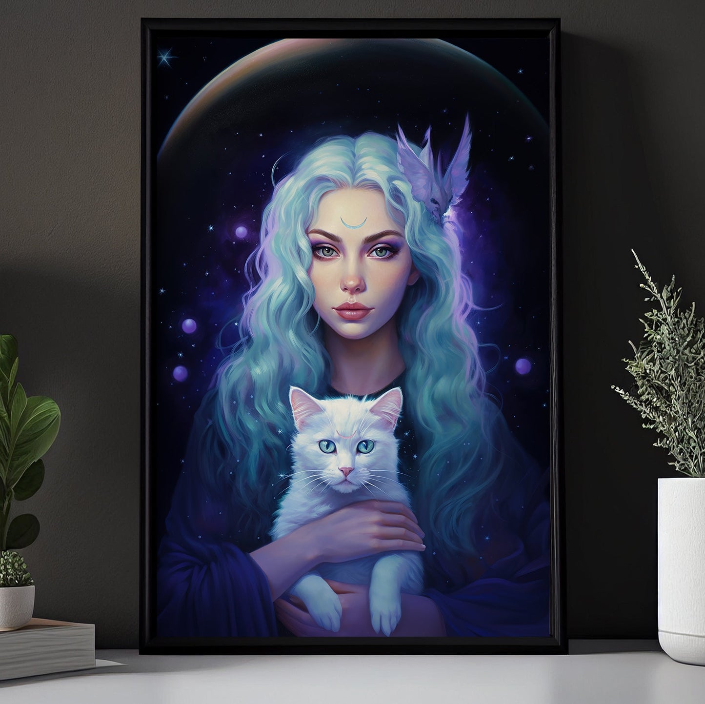 Portrait Girl Galaxy With White Cat, Cat Canvas Painting, Wall Art Decor - Poster Gift For Cat Lovers