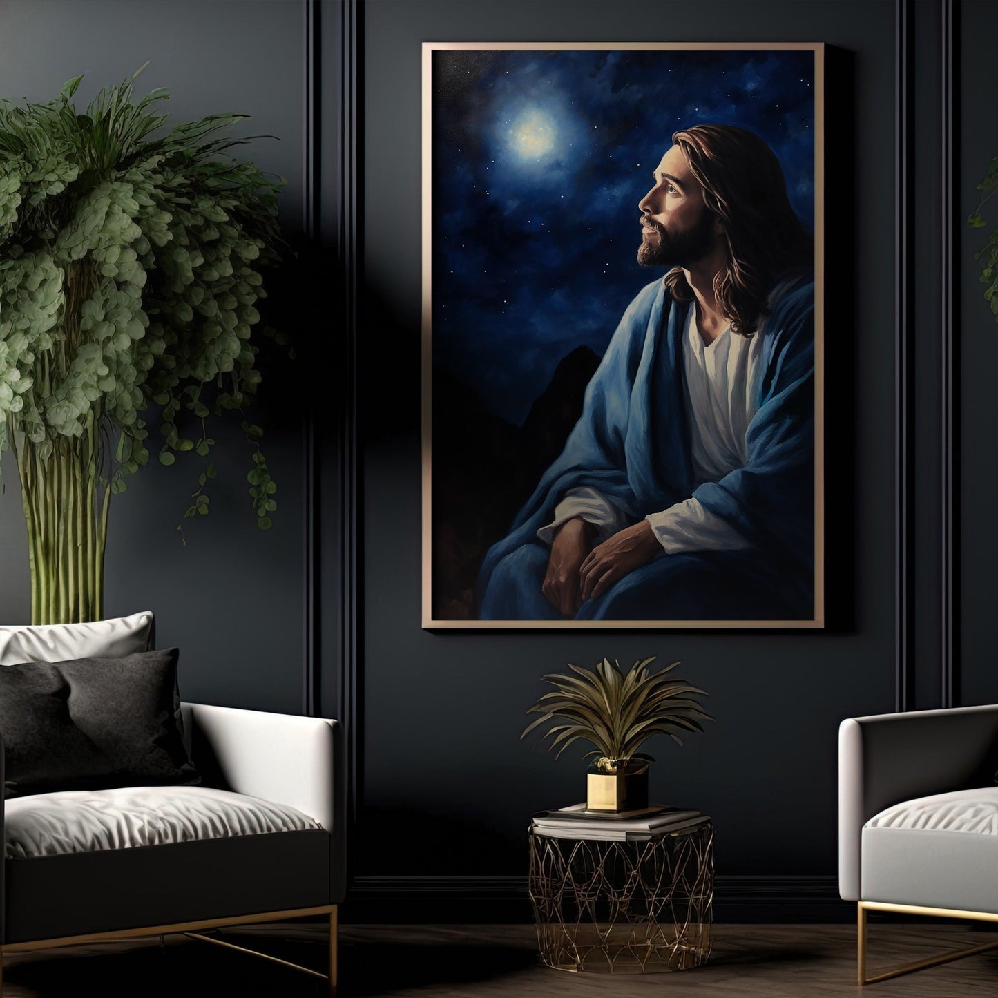 Contemplation Under The Starry Sky., Jesus Christian Canvas Painting, Xmas Wall Art Decor - Christmas Poster Gift