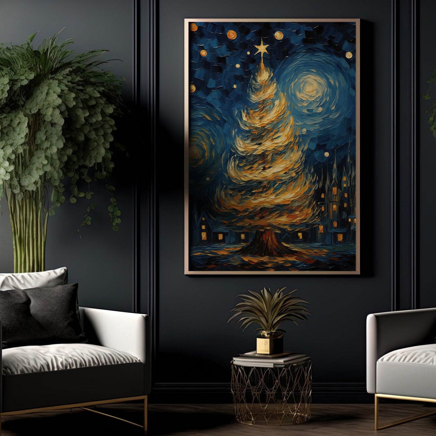 The Starry Night Christmas Tree Canvas Painting, Van Gogh Xmas Wall Art Decor - Christmas Poster Gift