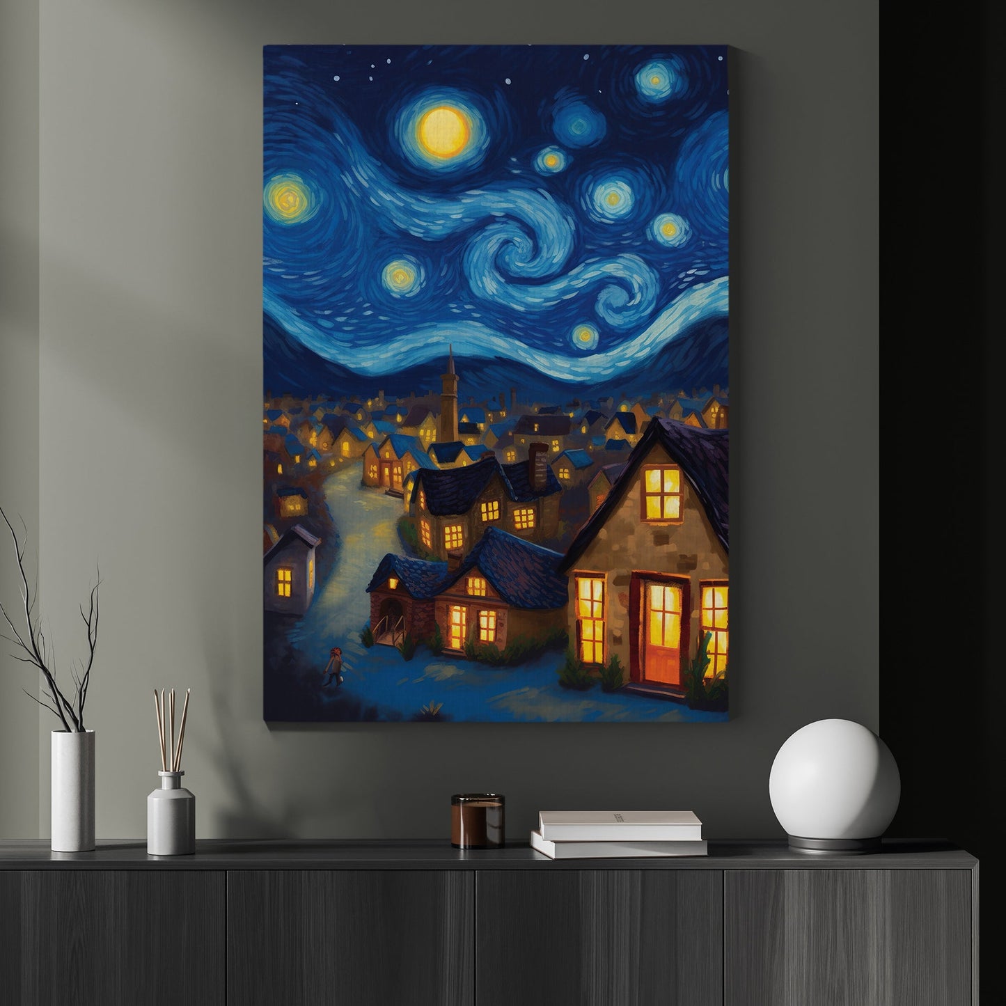 The Starry Night In Serene Village, Christmas Canvas Painting, Van Gogh Xmas Wall Art Decor - Christmas Poster Gift