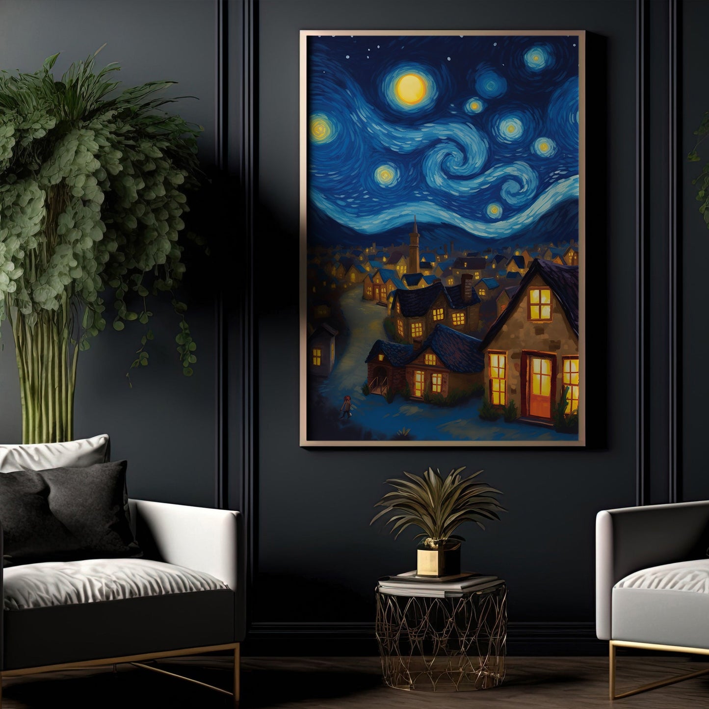 The Starry Night In Serene Village, Christmas Canvas Painting, Van Gogh Xmas Wall Art Decor - Christmas Poster Gift