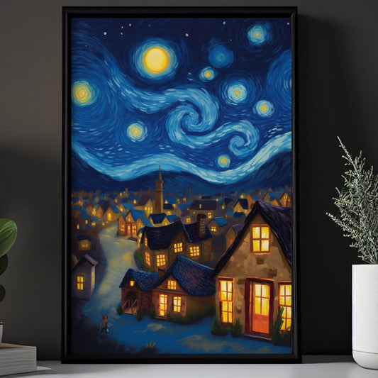 The Starry Night In Serene Village, Christmas Canvas Painting, Van Gogh Xmas Wall Art Decor - Christmas Poster Gift