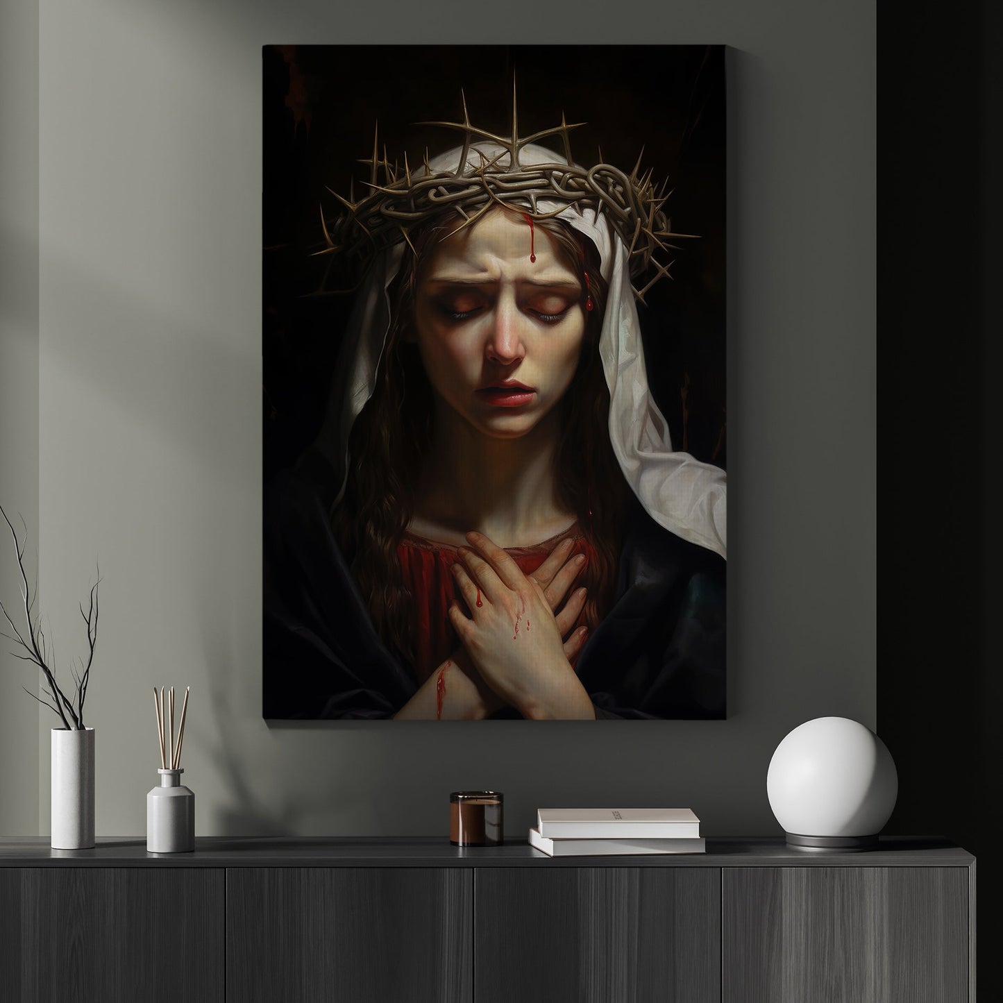 Sorrowful Reflection of Sacred Sacrifice, Virgin Mary Canvas Painting, Xmas Wall Art Decor - Christmas Poster Gift