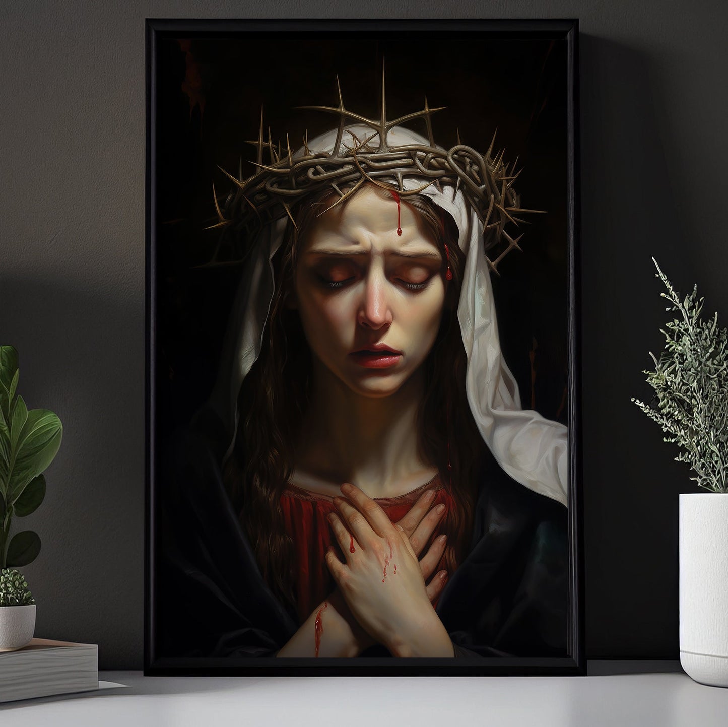 Sorrowful Reflection of Sacred Sacrifice, Virgin Mary Canvas Painting, Xmas Wall Art Decor - Christmas Poster Gift