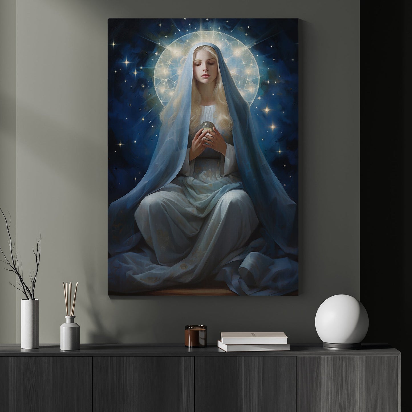 Celestial Guardian of Sacred Light, Virgin Mary Canvas Painting, Xmas Wall Art Decor - Christmas Poster Gift