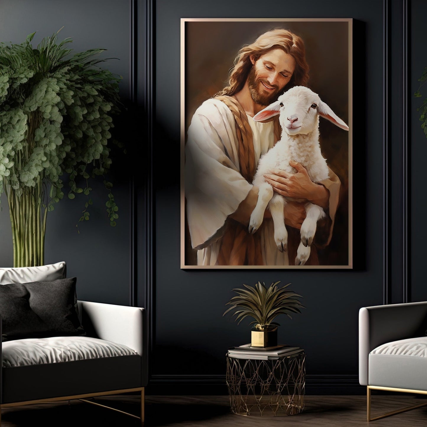 Guardian of the Innocent, Jesus Christian Canvas Painting, Xmas Wall Art Decor - Christmas Poster Gift For Goat Lovers