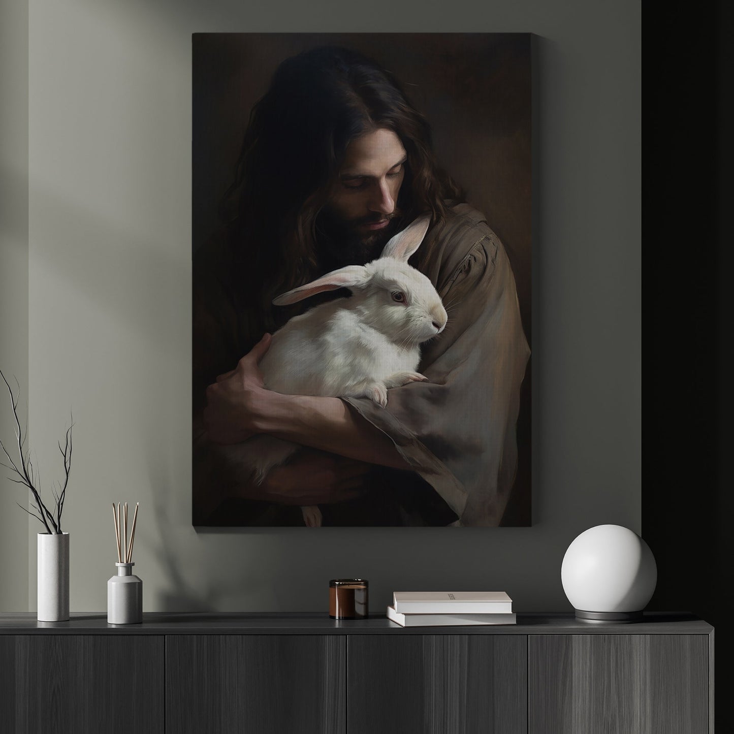 Compassion's Gentle Embrace, Jesus Christian Canvas Painting, Xmas Wall Art Decor - Christmas Poster Gift For Rabbit Lovers