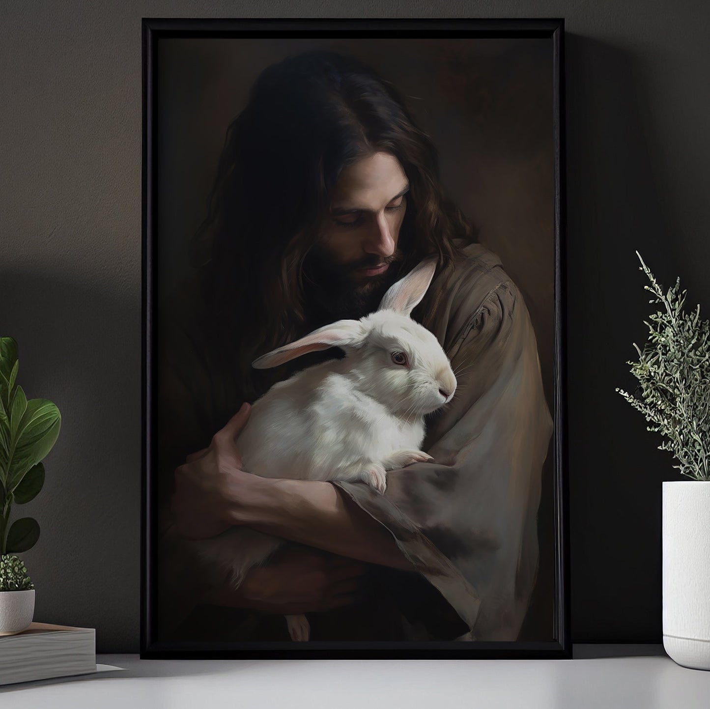 Compassion's Gentle Embrace, Jesus Christian Canvas Painting, Xmas Wall Art Decor - Christmas Poster Gift For Rabbit Lovers