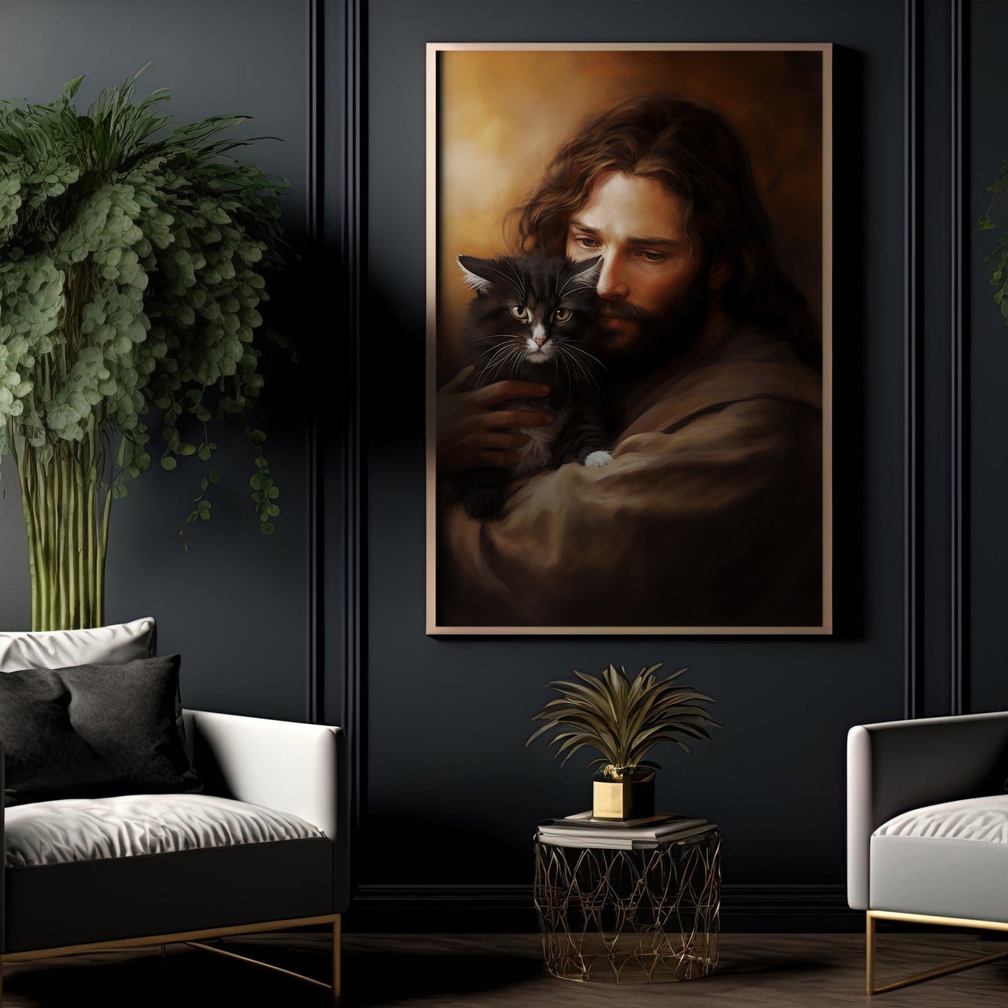 Kindness in Gentle Hold, Jesus Christian Canvas Painting, Xmas Wall Art Decor - Christmas Poster Gift For Cat Lovers