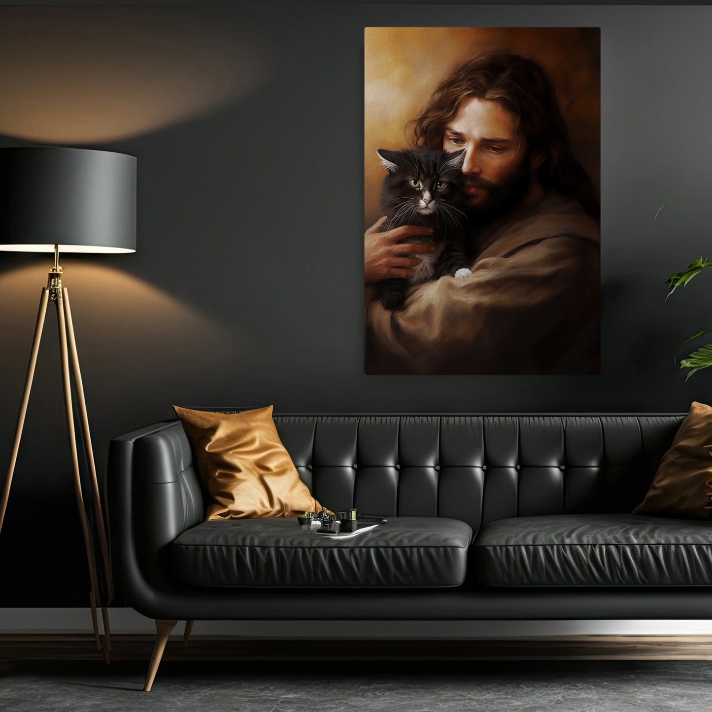 Kindness in Gentle Hold, Jesus Christian Canvas Painting, Xmas Wall Art Decor - Christmas Poster Gift For Cat Lovers