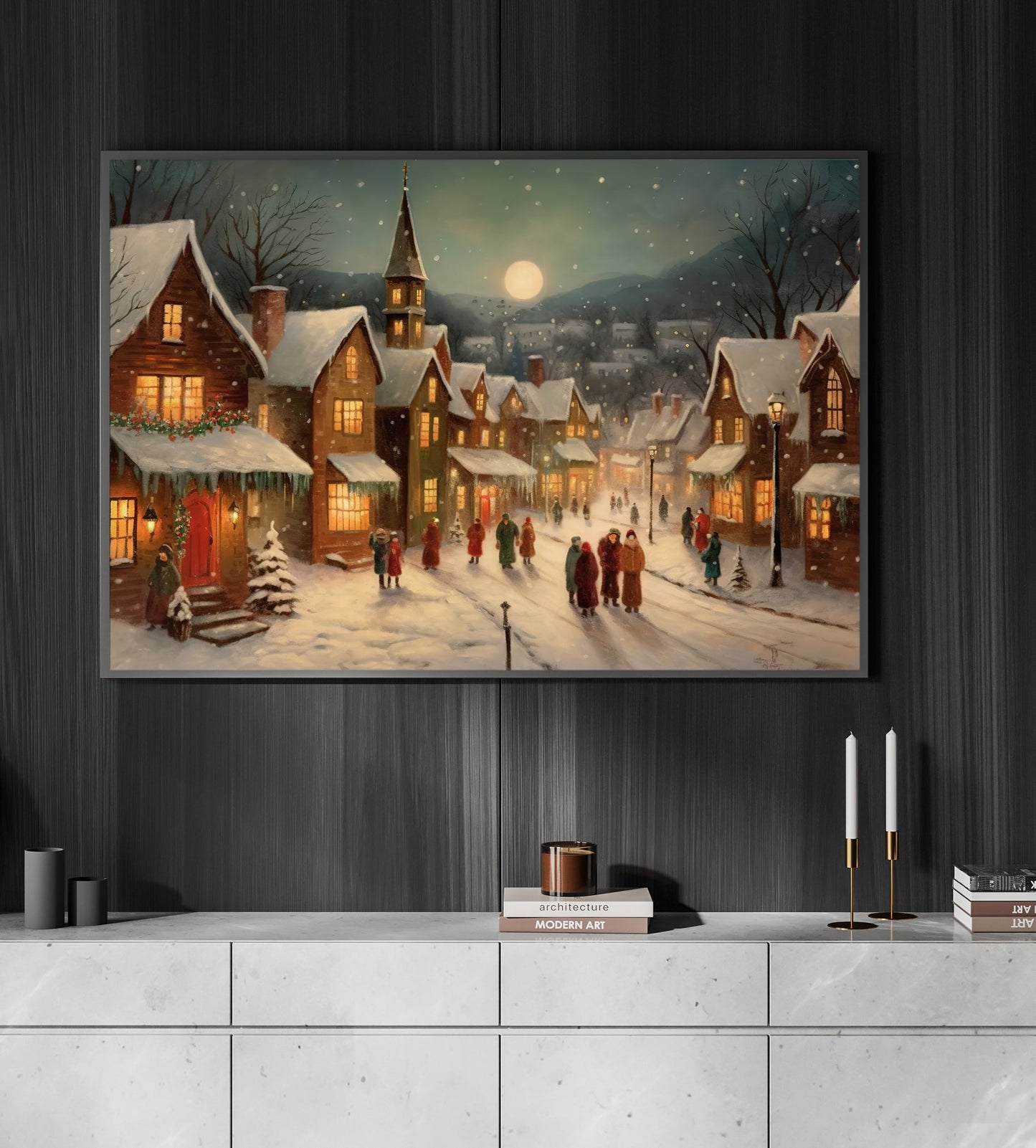 Enchanted Evening Village, Canvas Painting, Xmas Wall Art Decor - Christmas Poster Gift