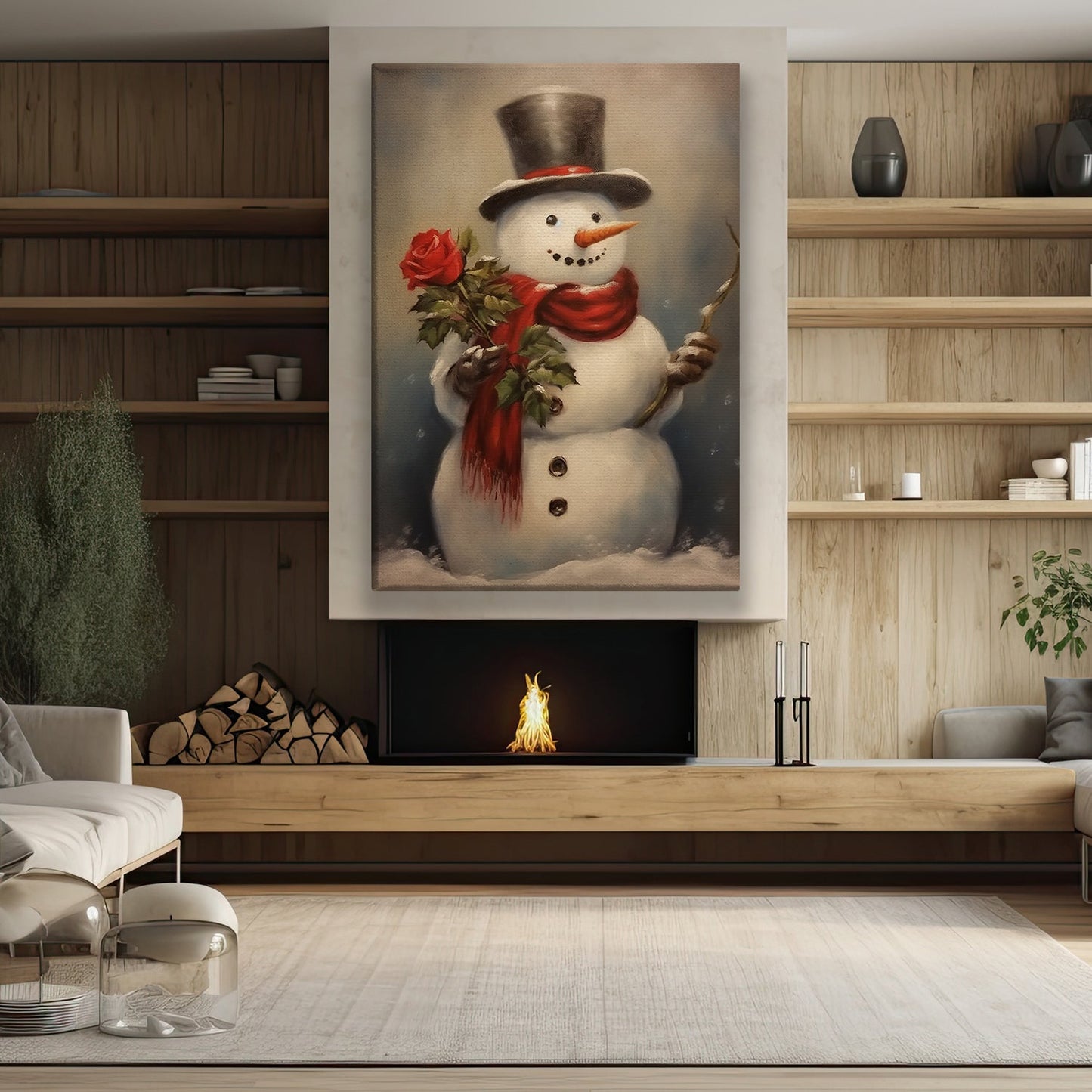 Snowman Hold Rose, Snowman Christmas Canvas Painting, Xmas Wall Art Decor - Snowman Poster Gift