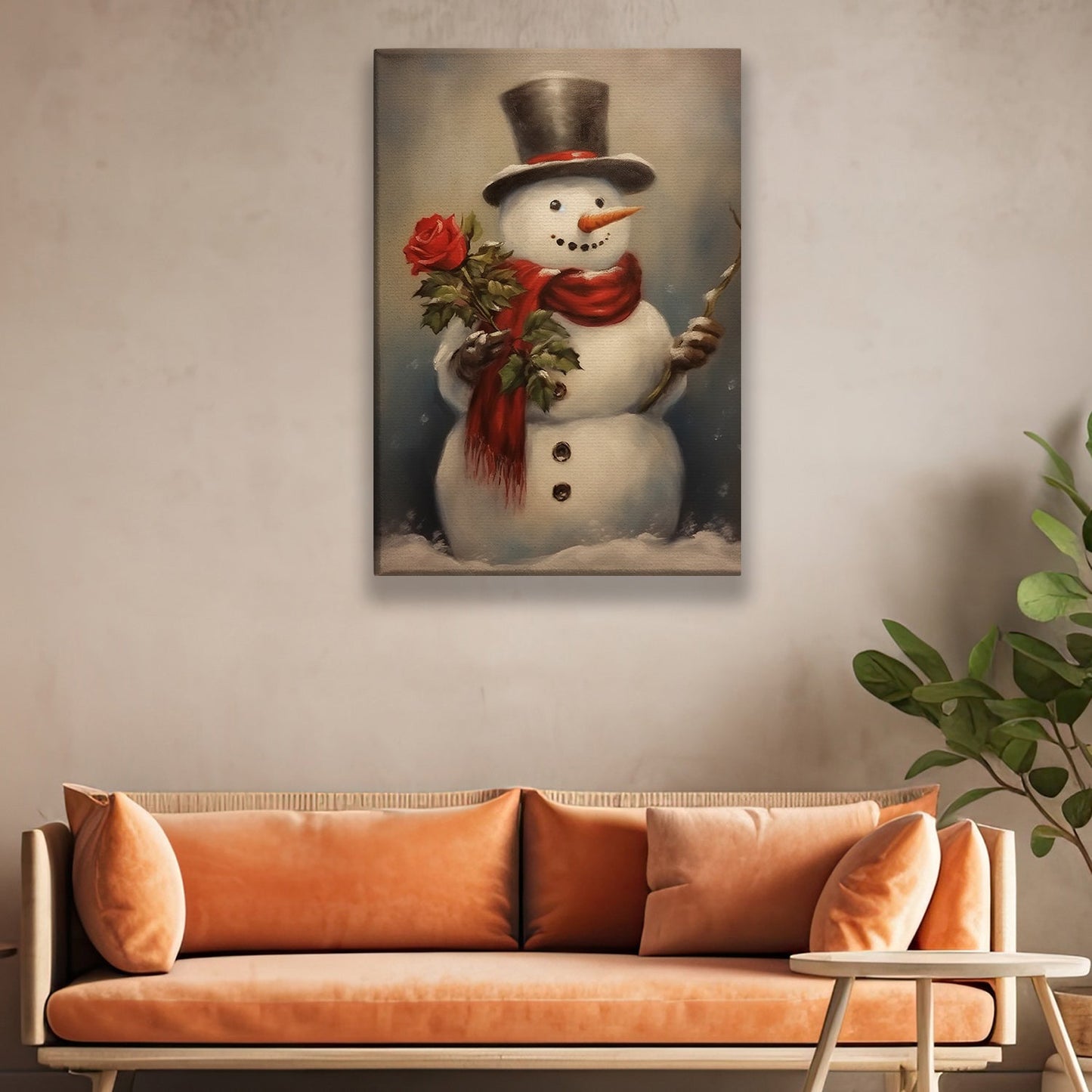 Snowman Hold Rose, Snowman Christmas Canvas Painting, Xmas Wall Art Decor - Snowman Poster Gift