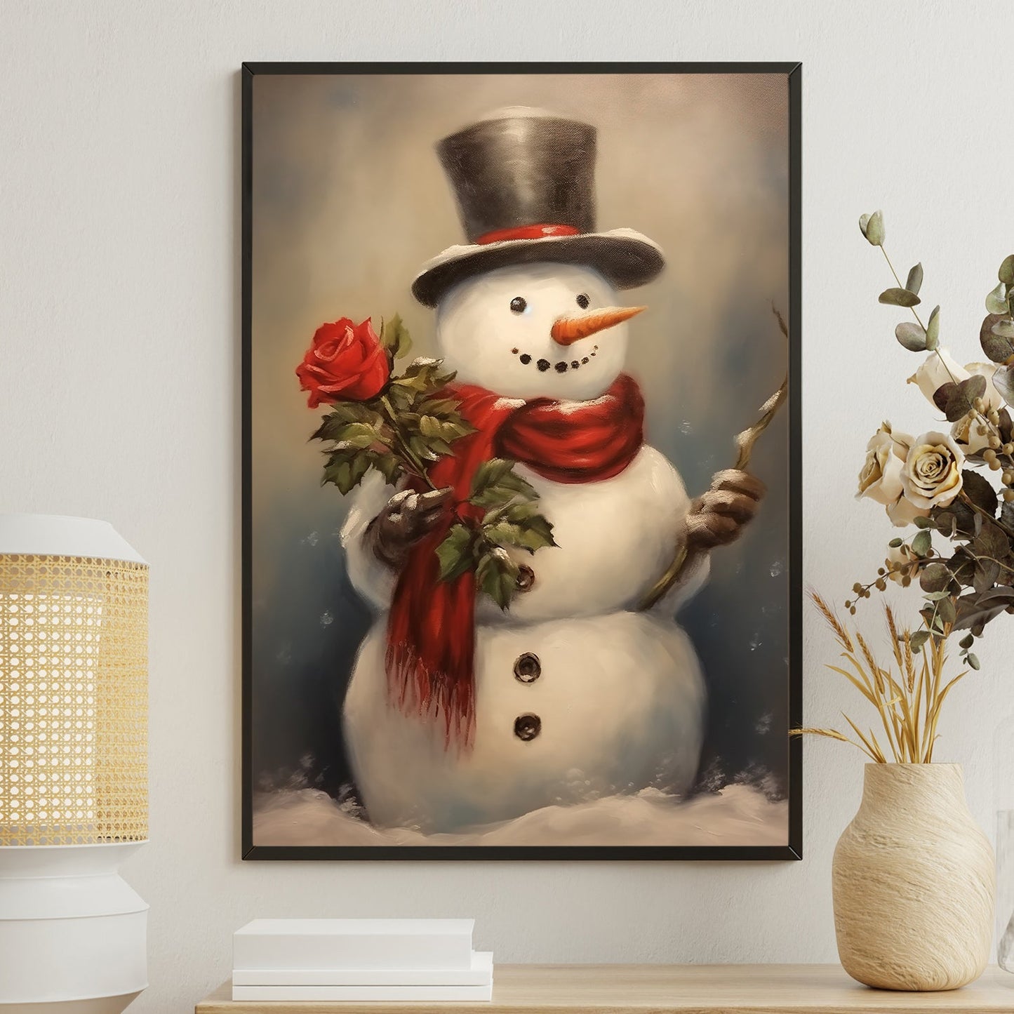 Snowman Hold Rose, Snowman Christmas Canvas Painting, Xmas Wall Art Decor - Snowman Poster Gift