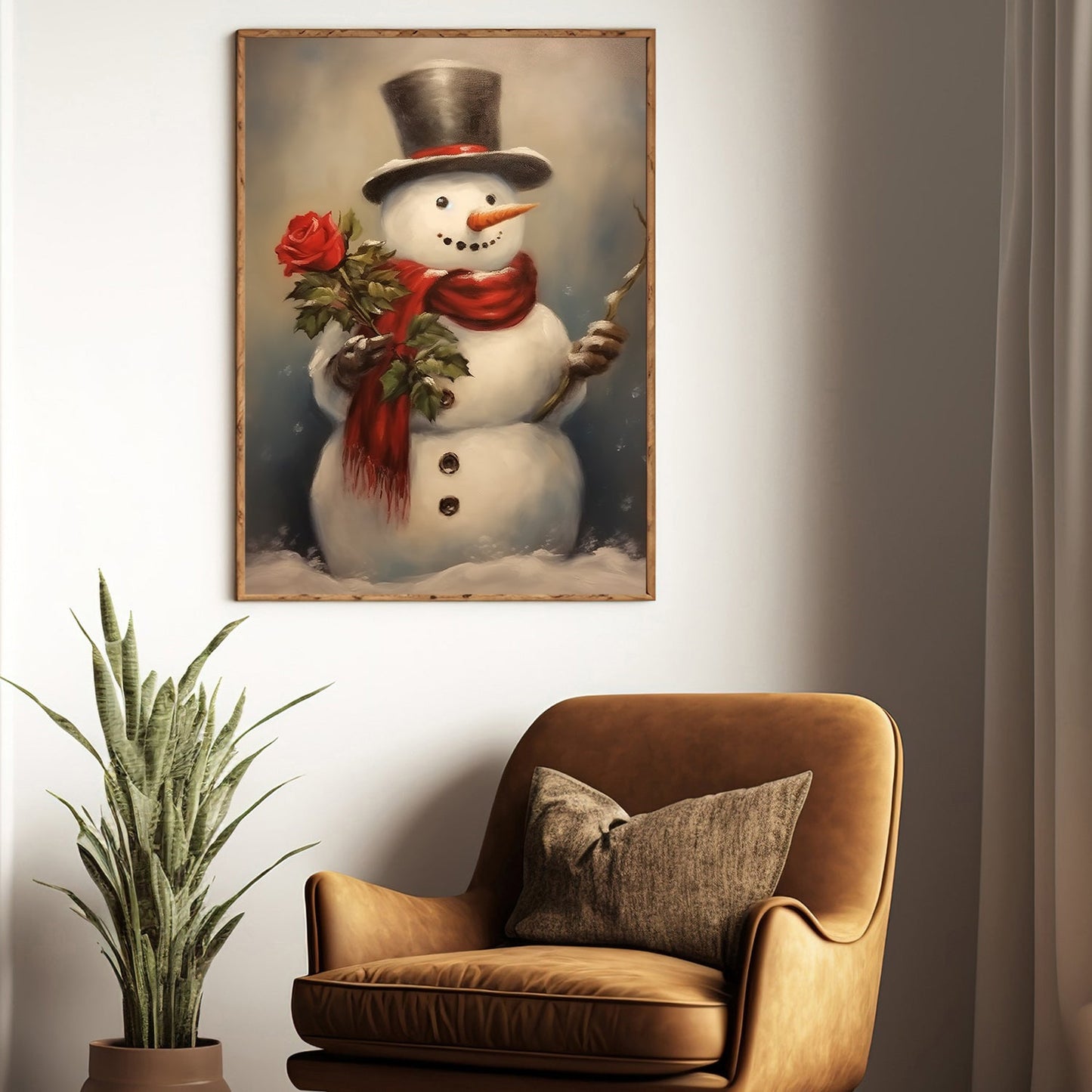 Snowman Hold Rose, Snowman Christmas Canvas Painting, Xmas Wall Art Decor - Snowman Poster Gift