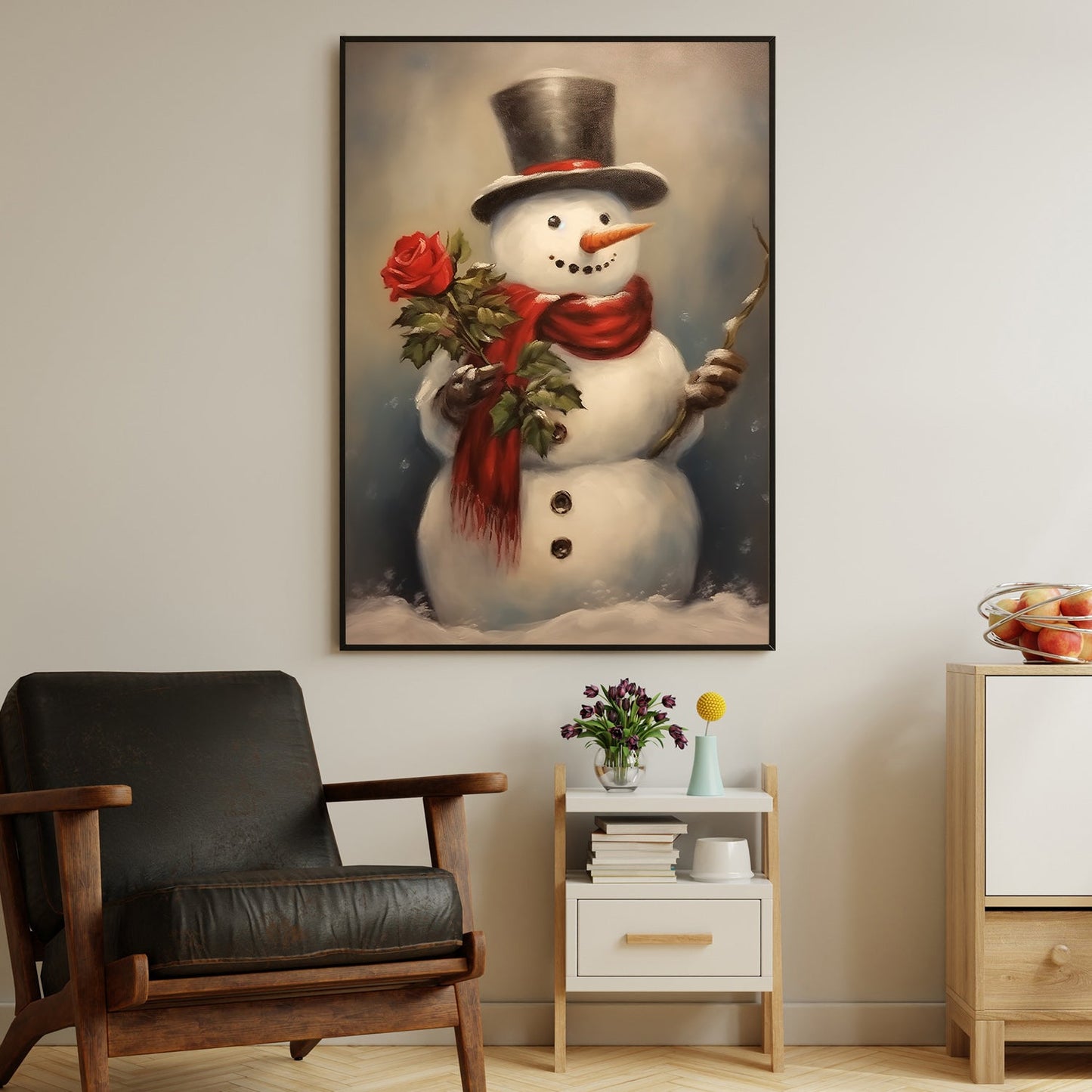 Snowman Hold Rose, Snowman Christmas Canvas Painting, Xmas Wall Art Decor - Snowman Poster Gift