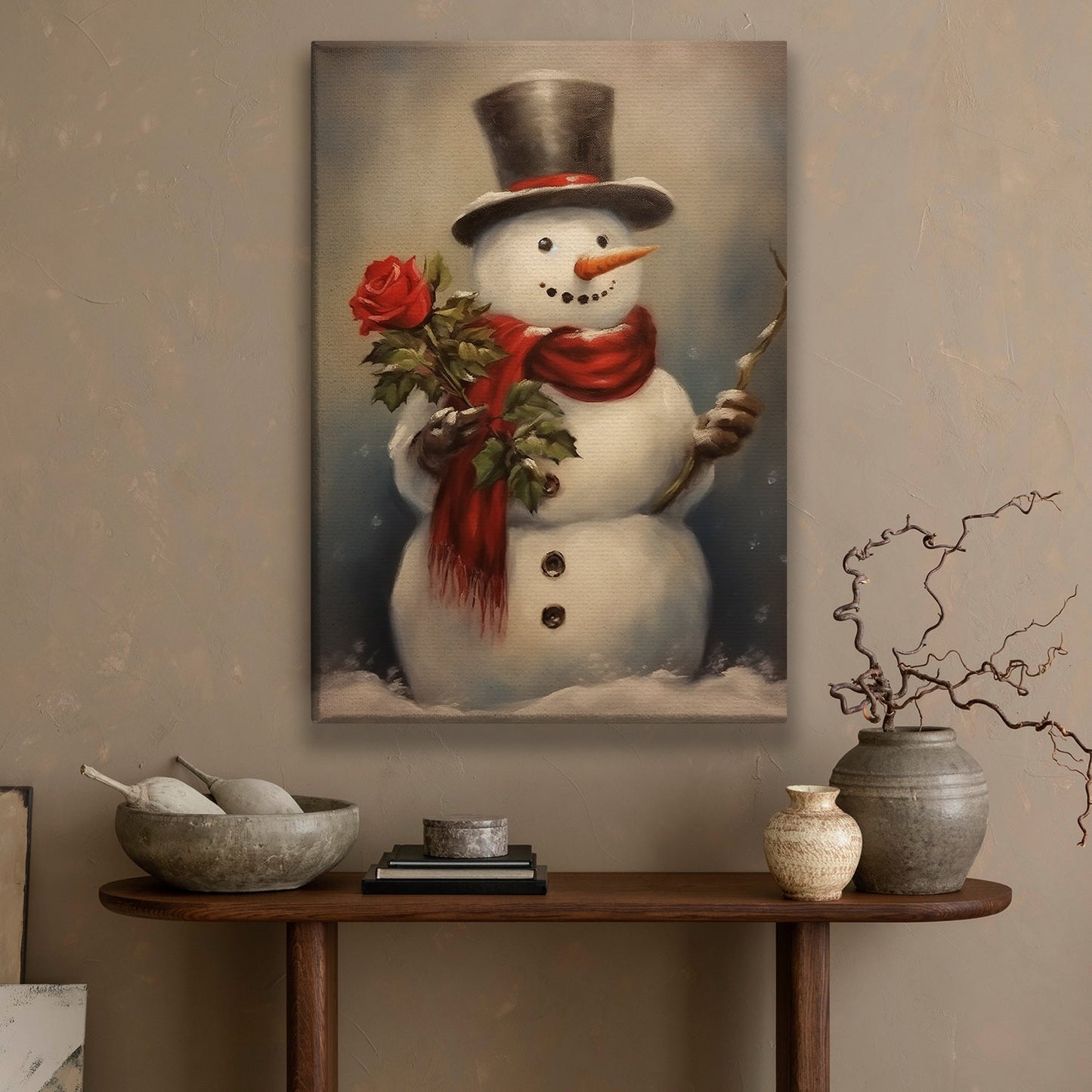 Snowman Hold Rose, Snowman Christmas Canvas Painting, Xmas Wall Art Decor - Snowman Poster Gift