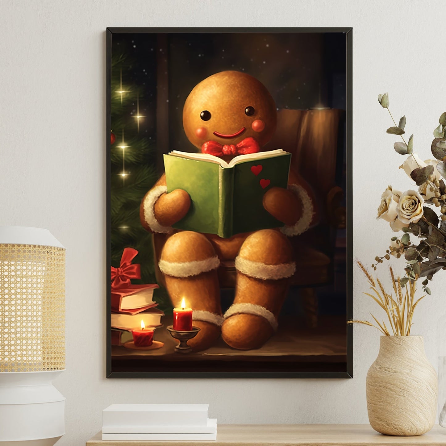 Gingerbread Reading Book, Gingerbread Christmas Canvas Painting, Xmas Wall Art Decor - Gingerbread Poster Gift