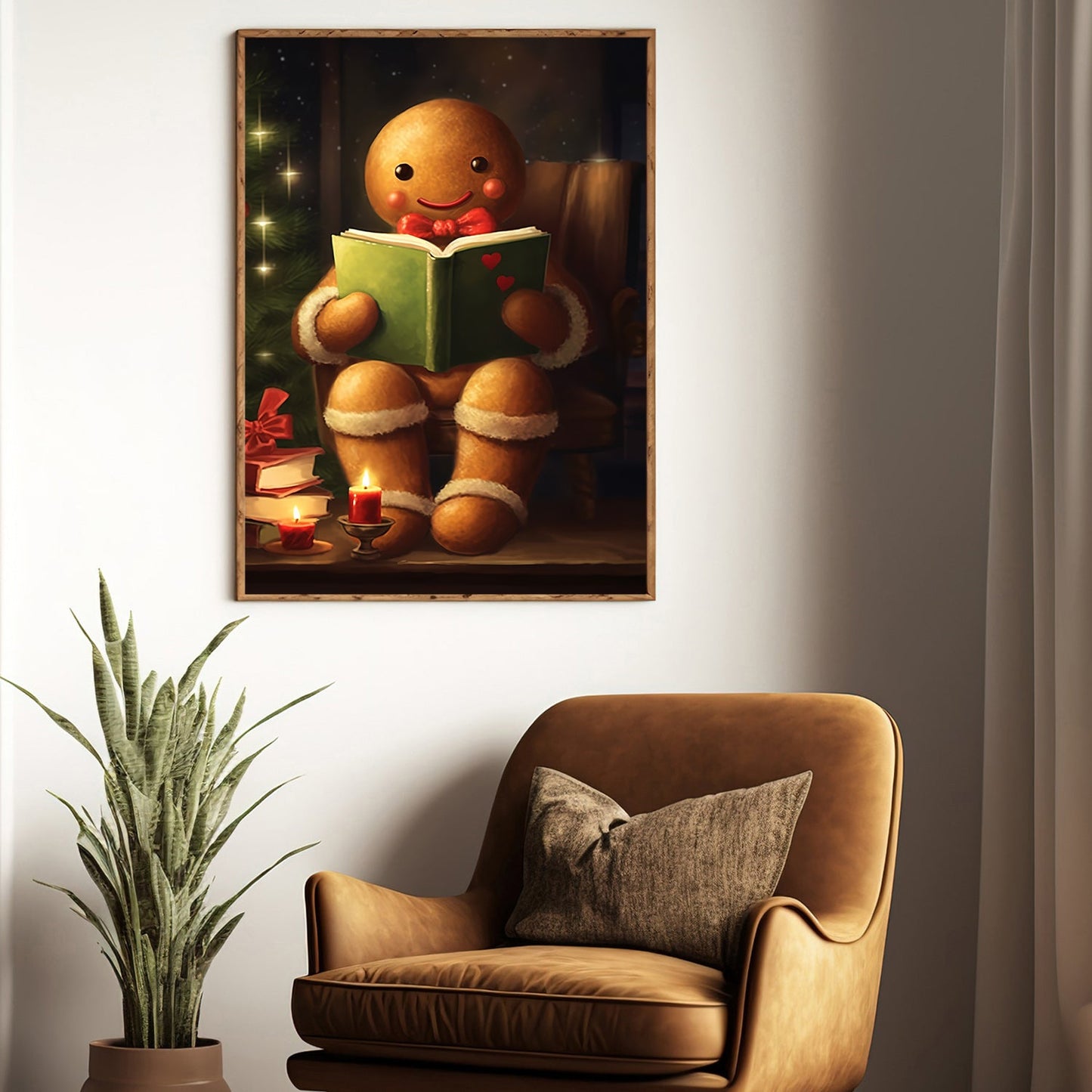 Gingerbread Reading Book, Gingerbread Christmas Canvas Painting, Xmas Wall Art Decor - Gingerbread Poster Gift