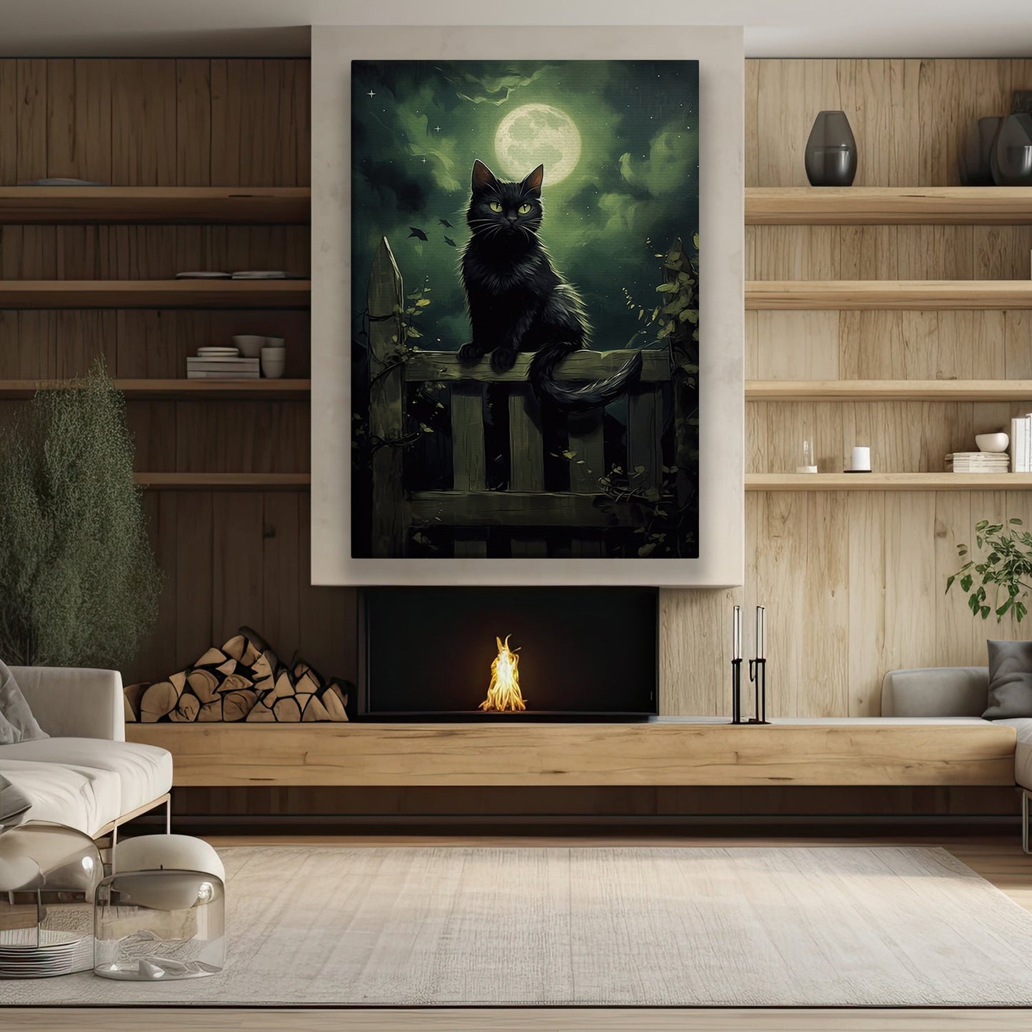 A Black Cat's Moonlit Vigil, Cat Canvas Painting, Wall Art Decor - Poster Gift For Cat Lovers