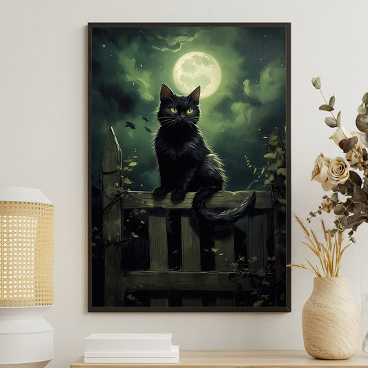 A Black Cat's Moonlit Vigil, Cat Canvas Painting, Wall Art Decor - Poster Gift For Cat Lovers