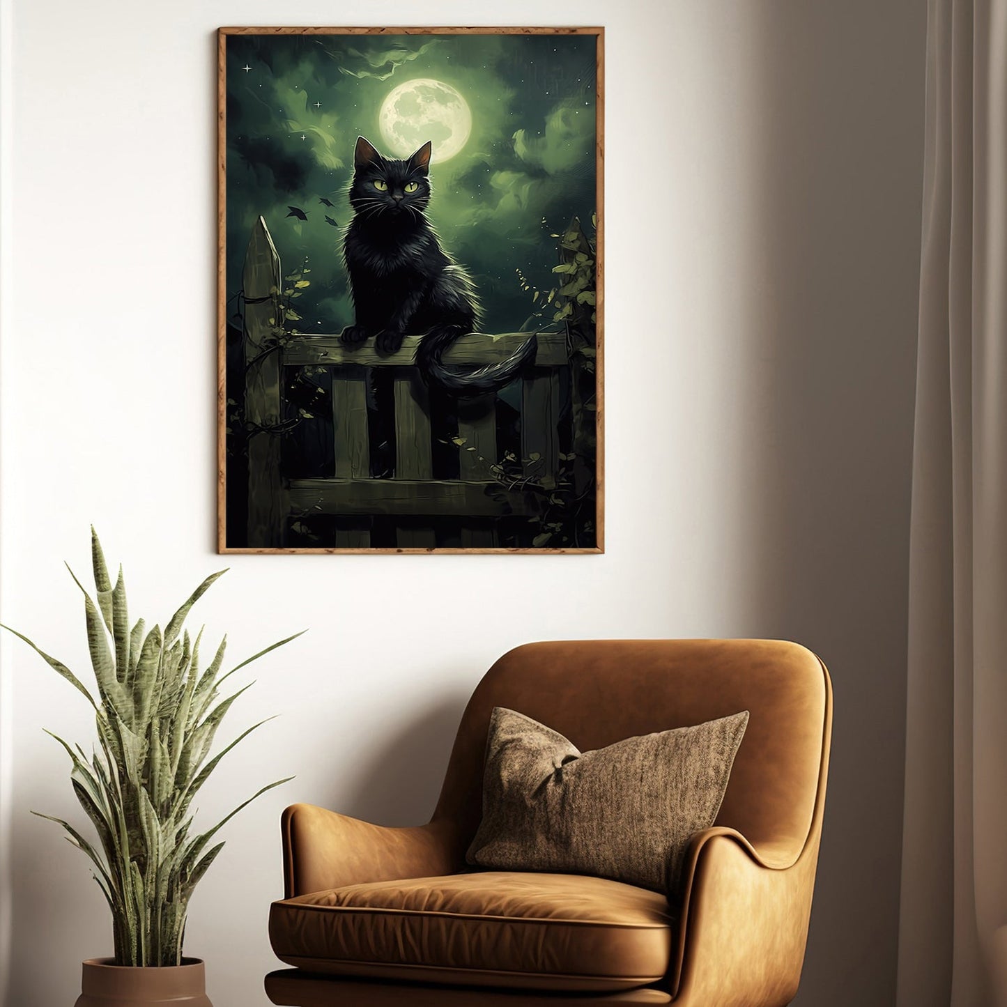 A Black Cat's Moonlit Vigil, Cat Canvas Painting, Wall Art Decor - Poster Gift For Cat Lovers