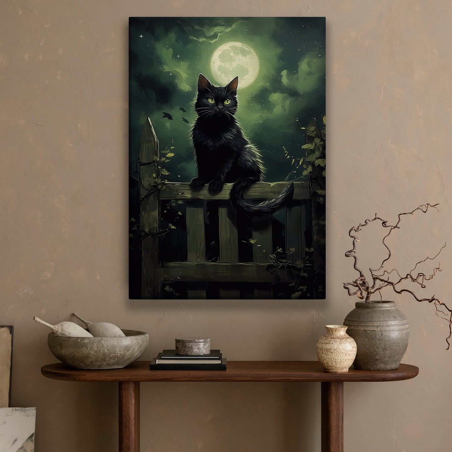 A Black Cat's Moonlit Vigil, Cat Canvas Painting, Wall Art Decor - Poster Gift For Cat Lovers