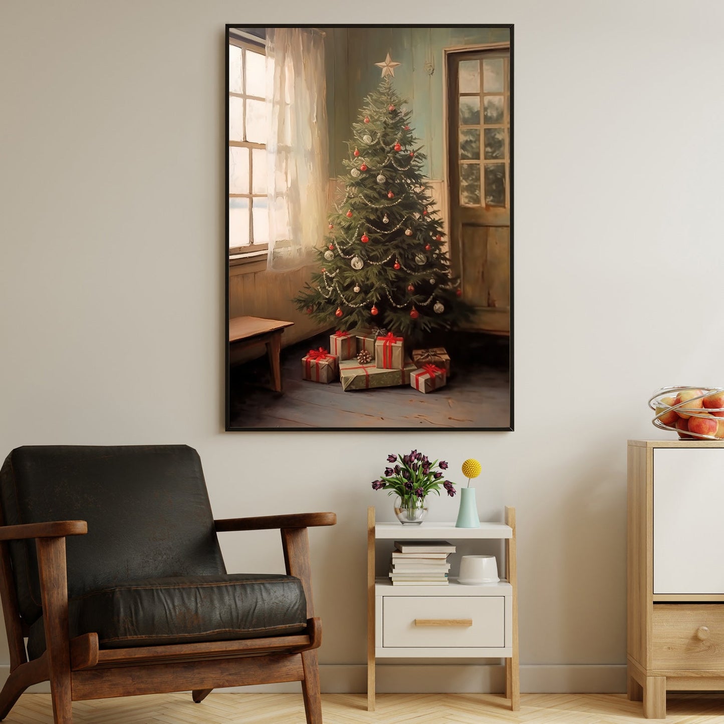 Christmas Morning Awaited, Christmas Tree Canvas Painting, Xmas Wall Art Decor - Christmas Poster Gift