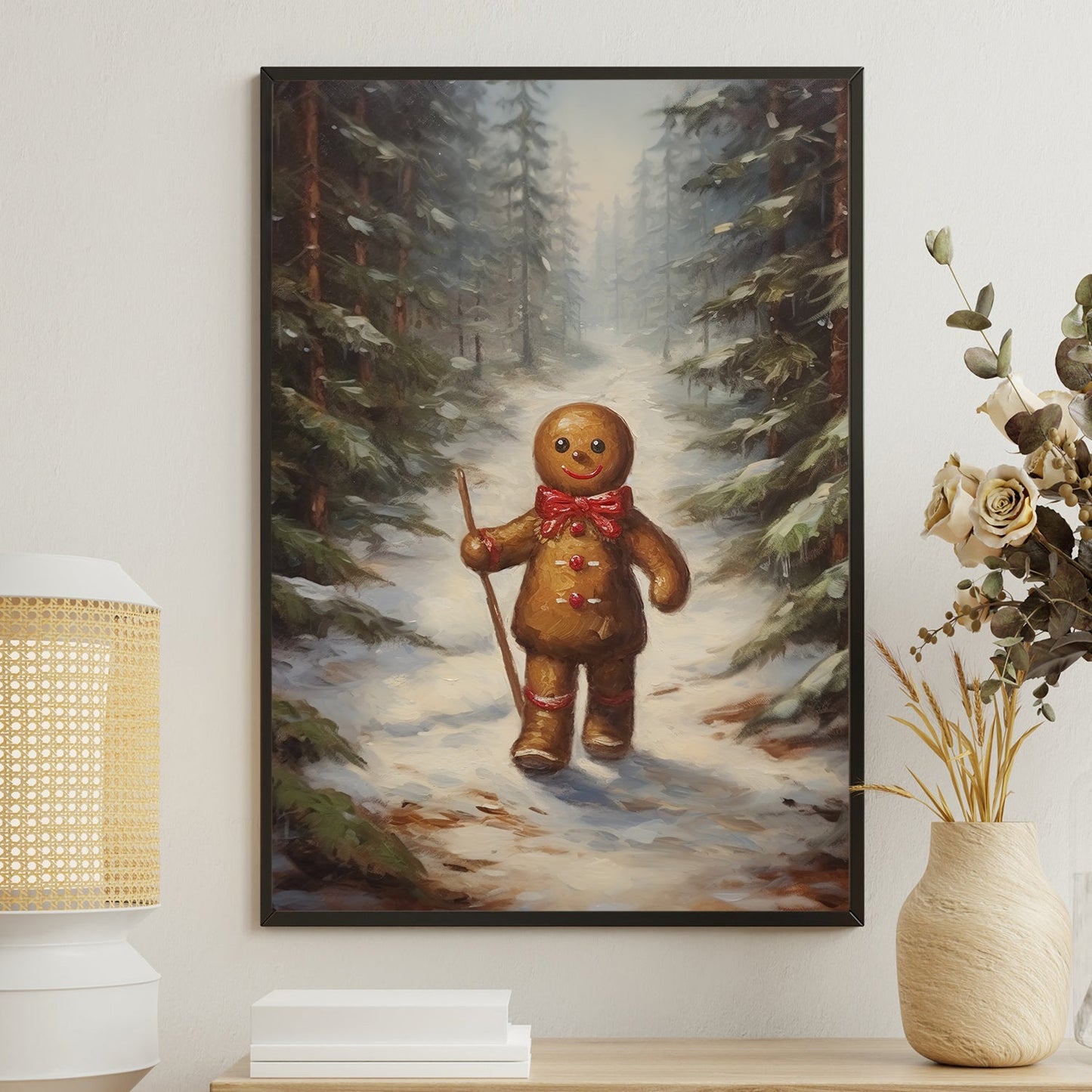 Gingerbread Hiker In The Forest, Gingerbread Canvas Painting, Xmas Wall Art Decor - Gingerbread Poster Gift