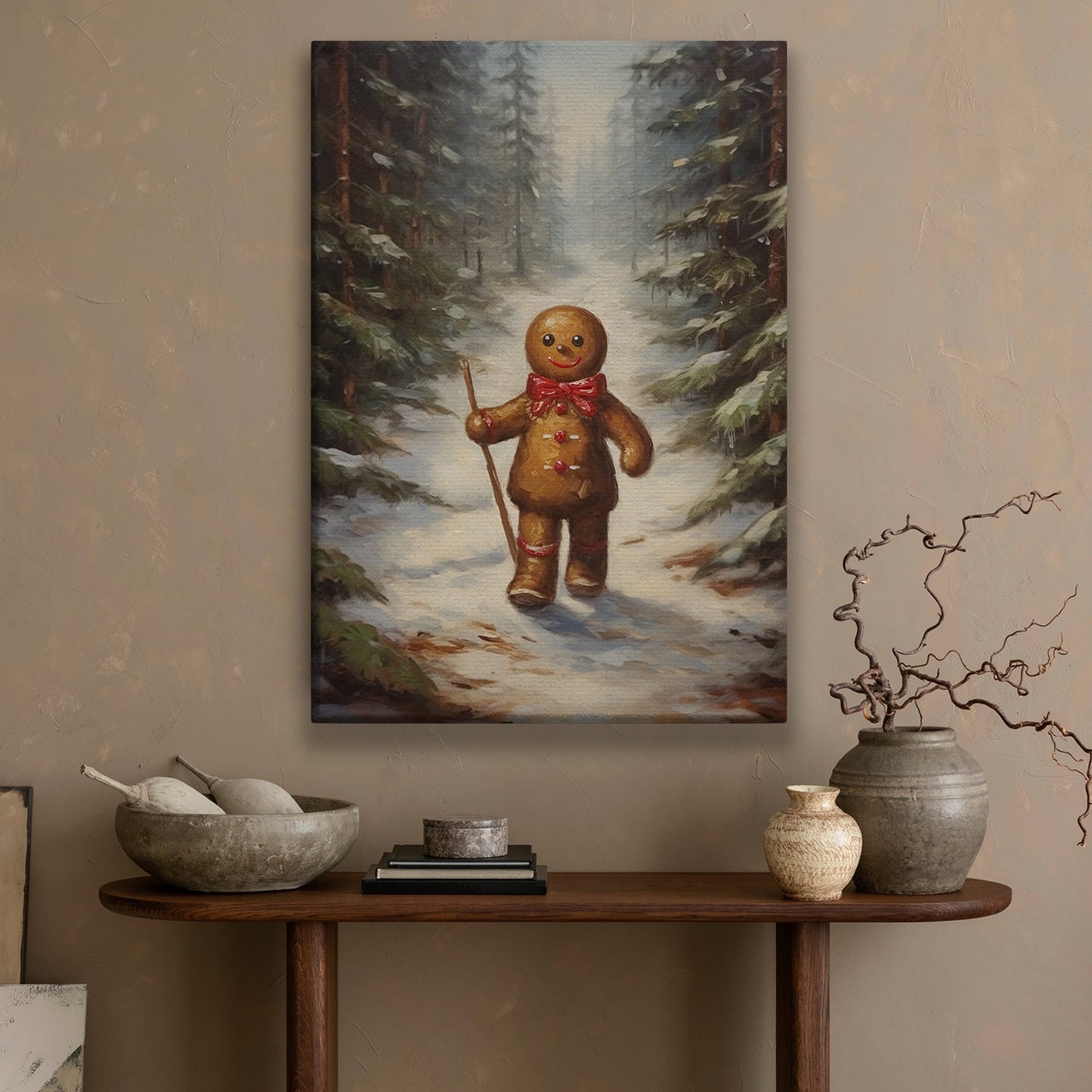 Gingerbread Hiker In The Forest, Gingerbread Canvas Painting, Xmas Wall Art Decor - Gingerbread Poster Gift