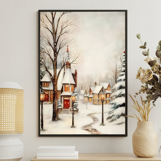 Twilight in the Snowy Hamlet, Village Canvas Painting, Xmas Wall Art Decor - Christmas Poster Gift