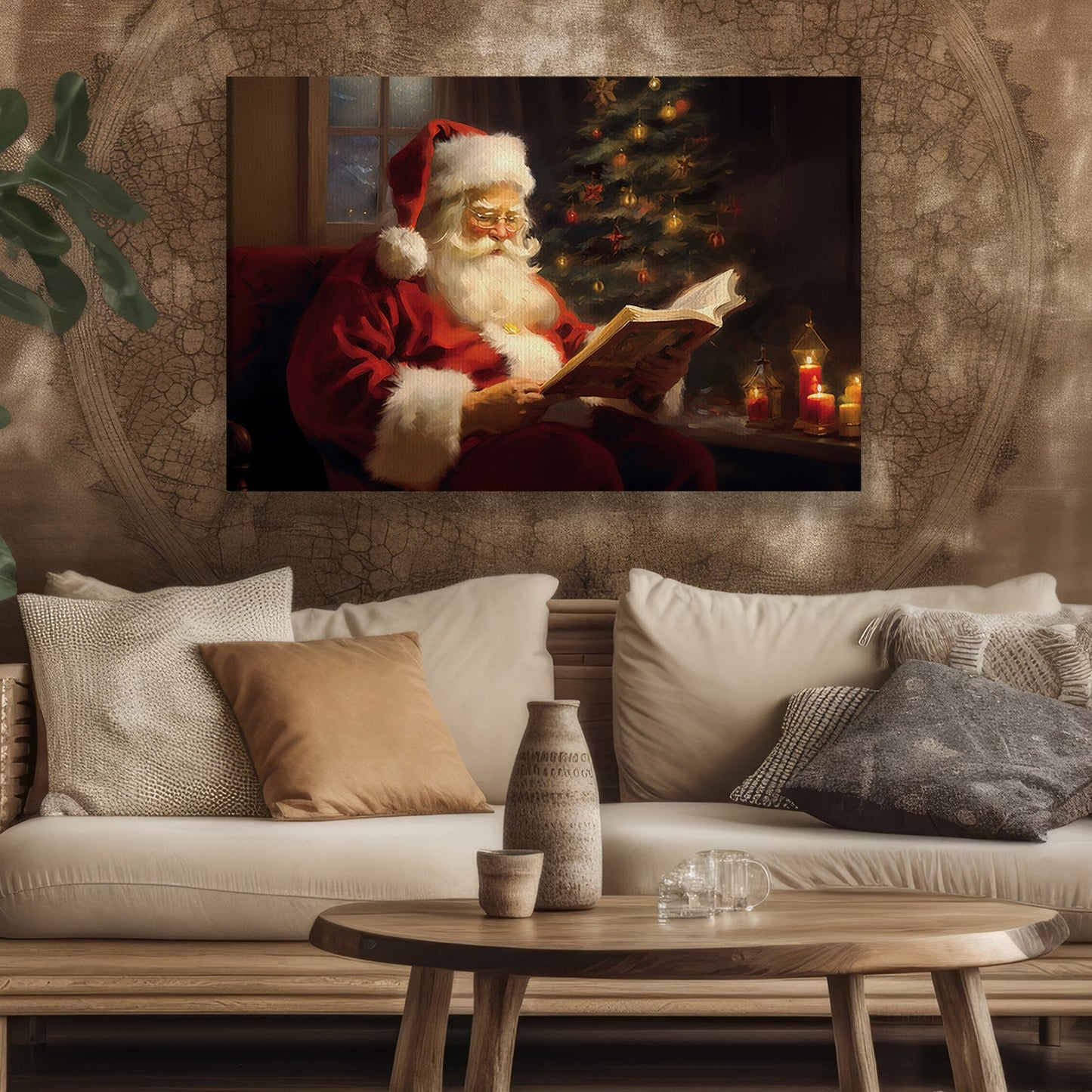 Santa's Quiet Reading Book, Santa Claus Canvas Painting, Xmas Wall Art Decor - Christmas Poster Gift