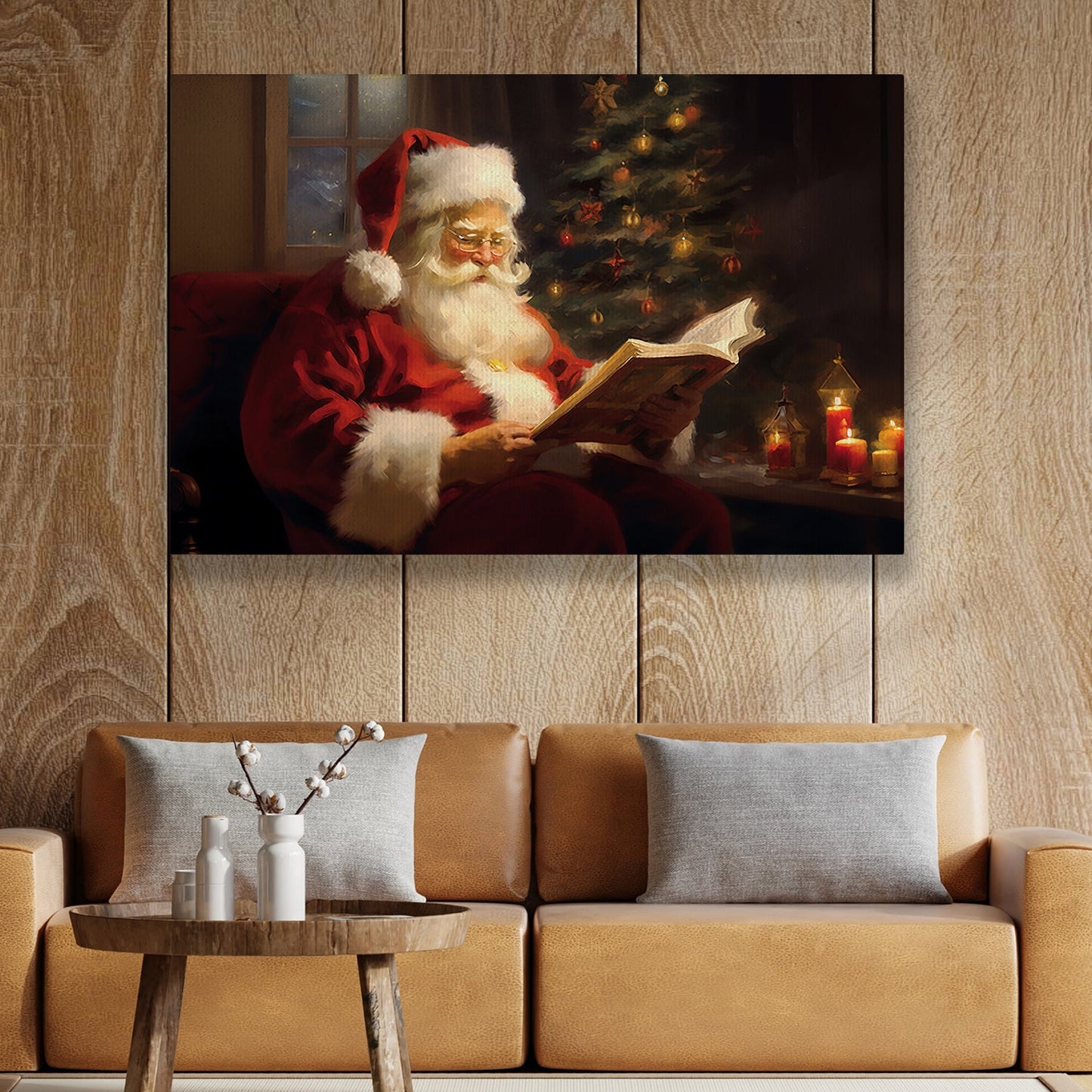 Santa's Quiet Reading Book, Santa Claus Canvas Painting, Xmas Wall Art Decor - Christmas Poster Gift