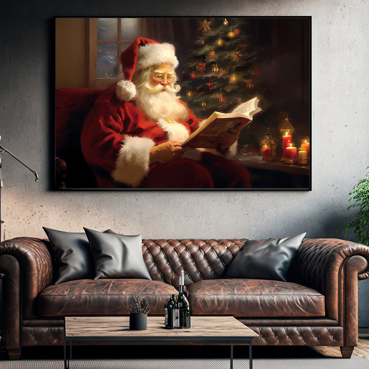 Santa's Quiet Reading Book, Santa Claus Canvas Painting, Xmas Wall Art Decor - Christmas Poster Gift