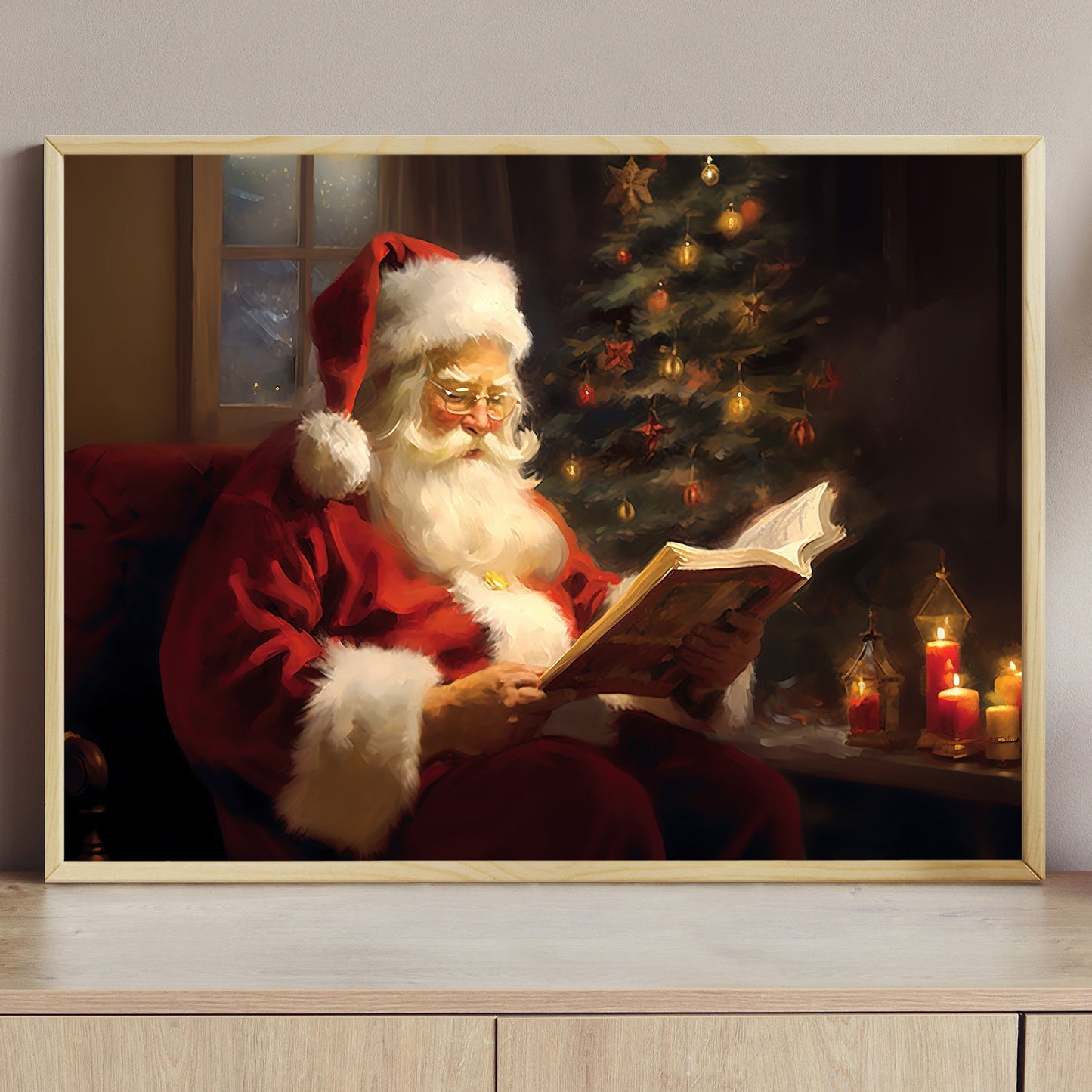 Santa's Quiet Reading Book, Santa Claus Canvas Painting, Xmas Wall Art Decor - Christmas Poster Gift