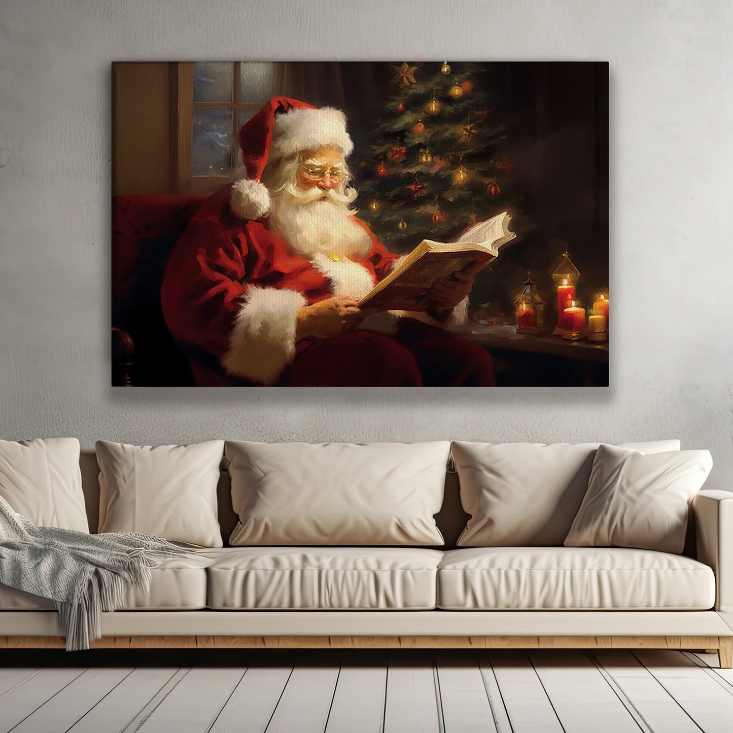 Santa's Quiet Reading Book, Santa Claus Canvas Painting, Xmas Wall Art Decor - Christmas Poster Gift