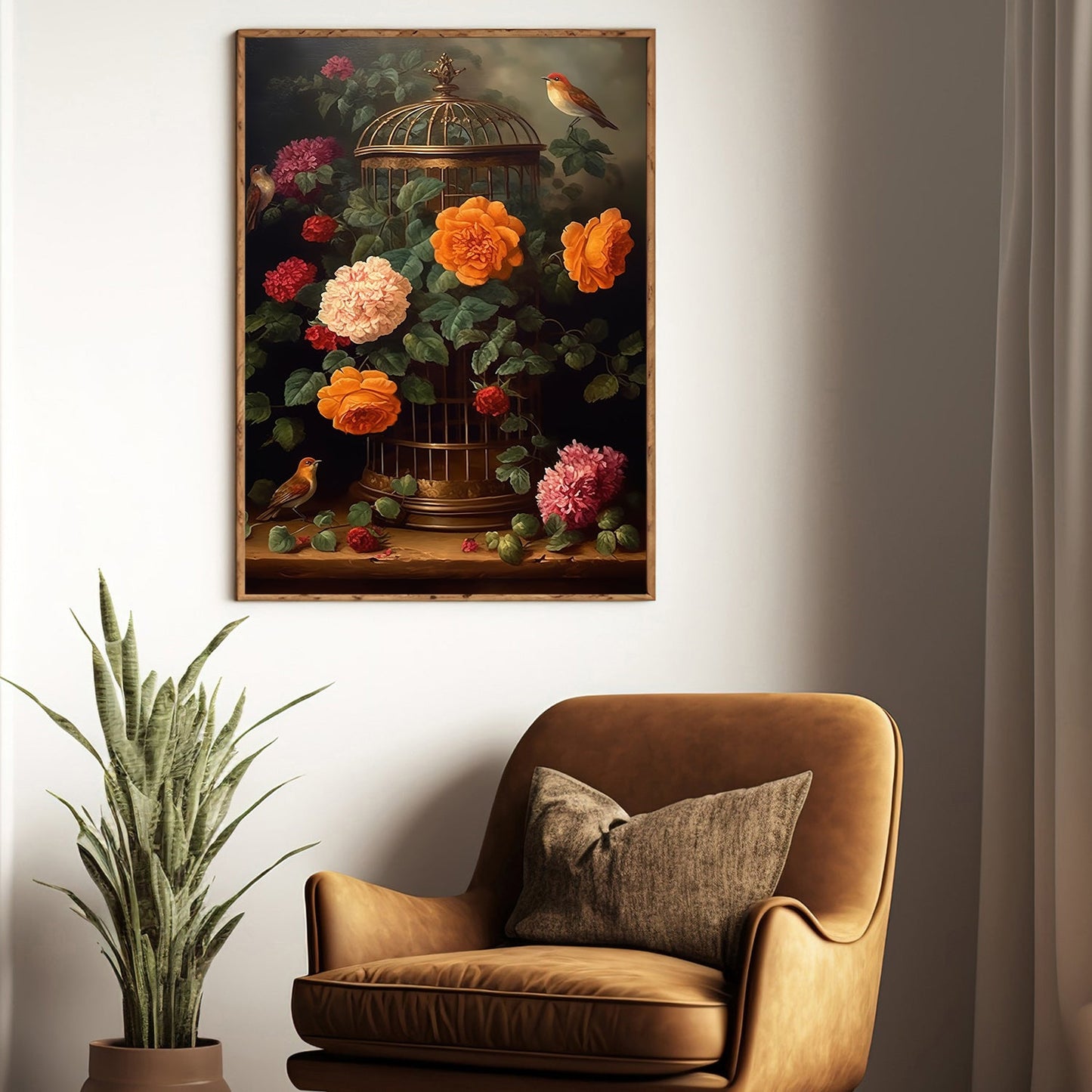 Blossoms And Birds In Silent Serenade, Flowers Canvas Painting, Wall Art Decor - Poster Gift For Garden Flower Lovers