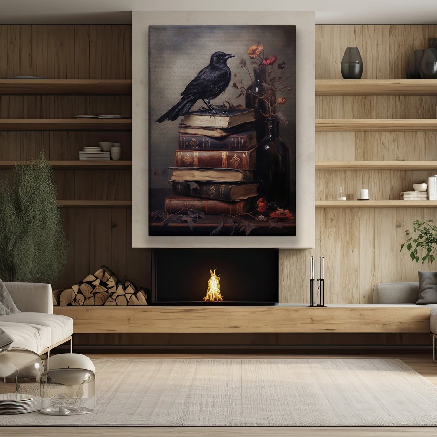 The Raven's Vigil Over Timeless Tales, Black Raven Canvas Painting, Wall Art Decor - Poster Gift For Raven Lovers