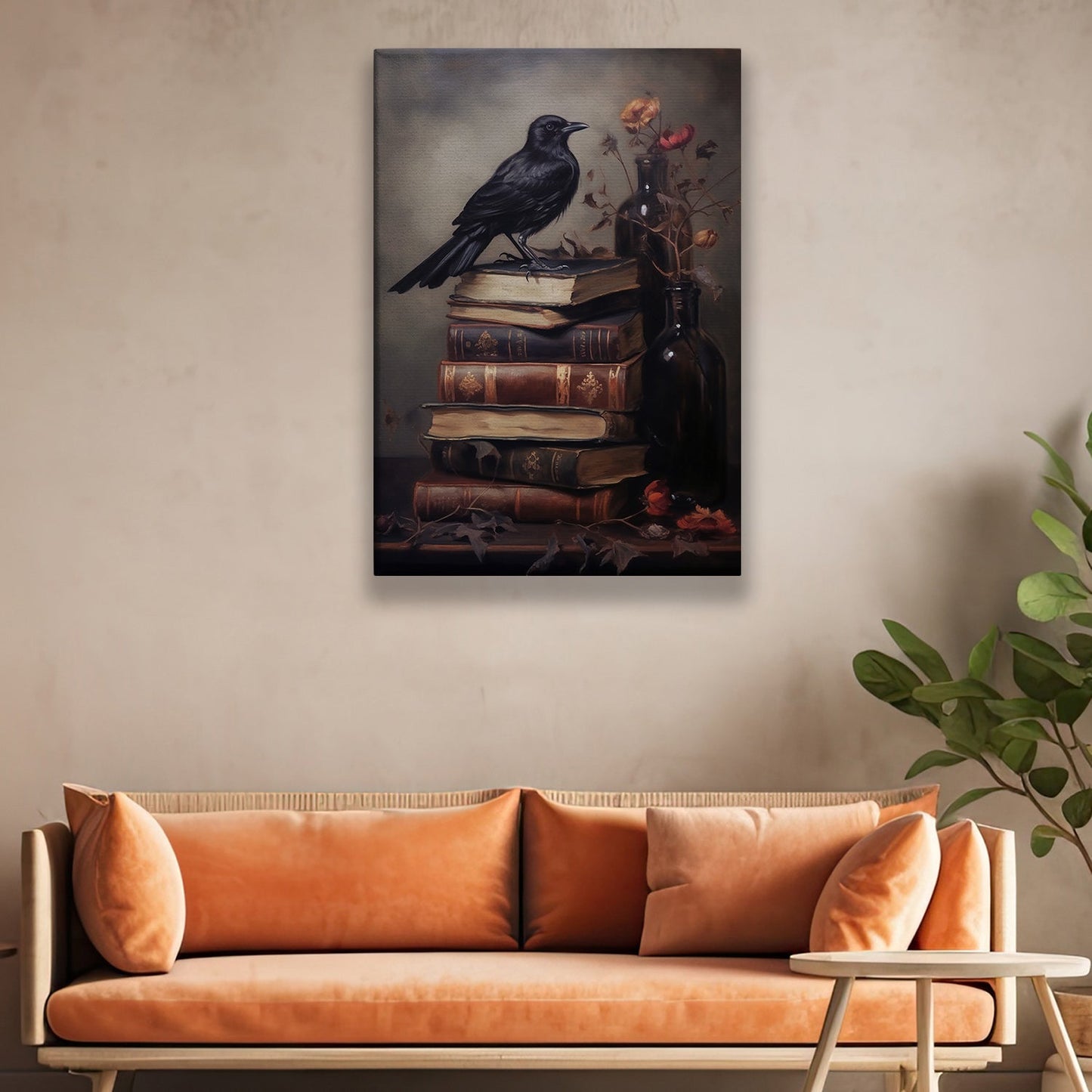 The Raven's Vigil Over Timeless Tales, Black Raven Canvas Painting, Wall Art Decor - Poster Gift For Raven Lovers