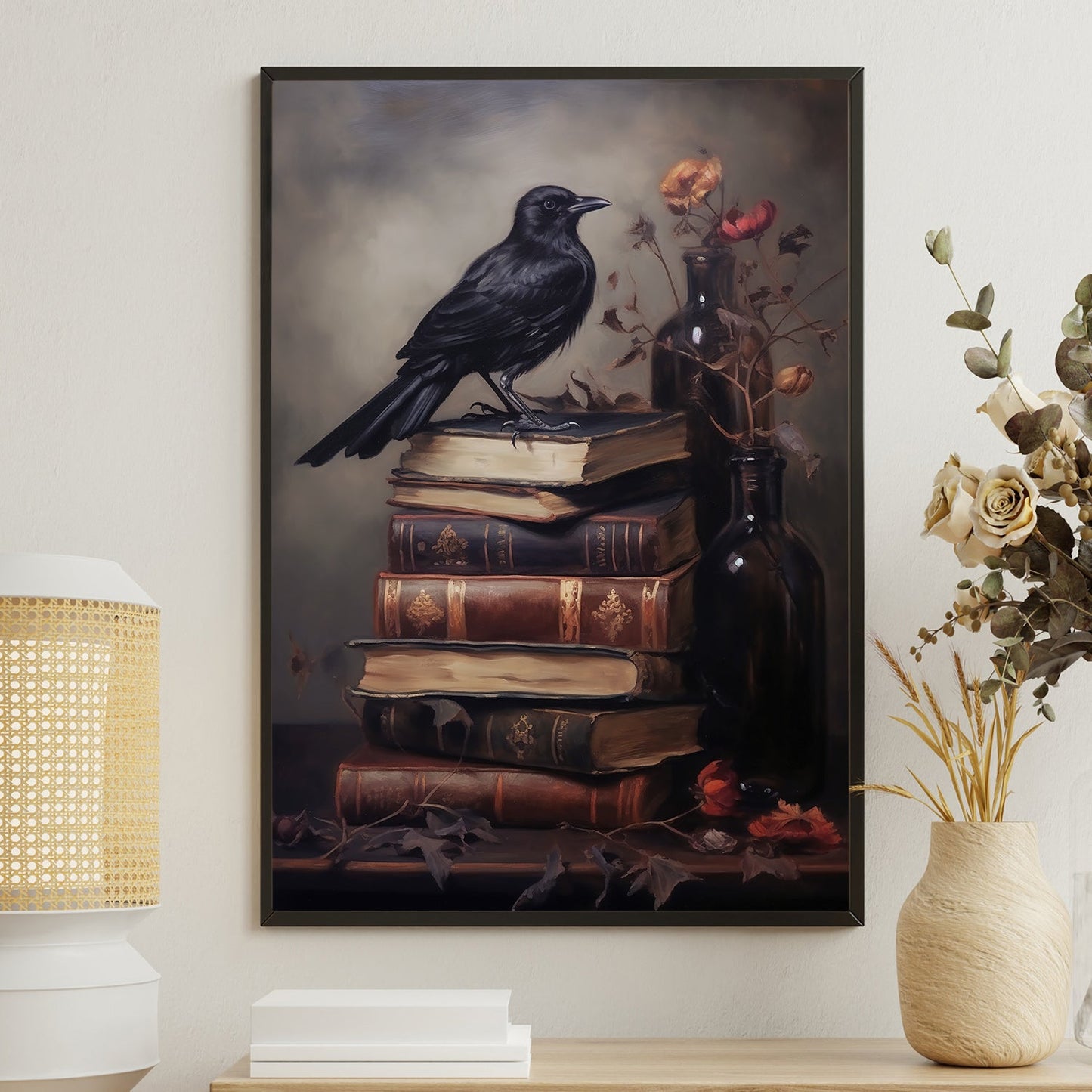 The Raven's Vigil Over Timeless Tales, Black Raven Canvas Painting, Wall Art Decor - Poster Gift For Raven Lovers