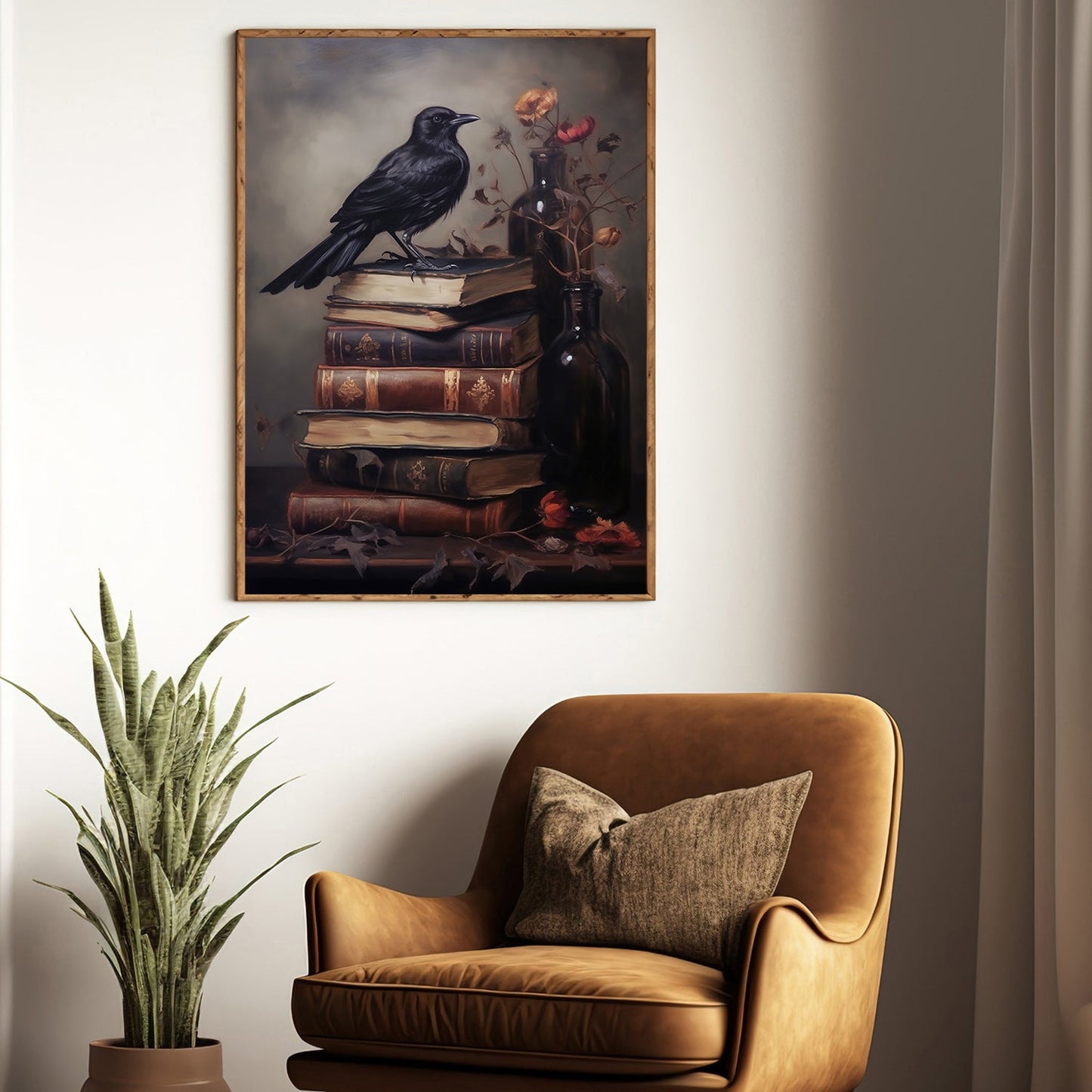 The Raven's Vigil Over Timeless Tales, Black Raven Canvas Painting, Wall Art Decor - Poster Gift For Raven Lovers