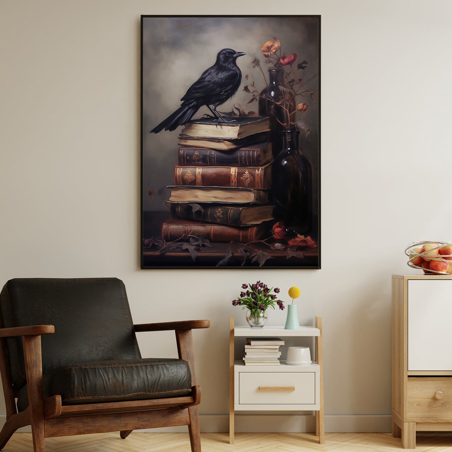 The Raven's Vigil Over Timeless Tales, Black Raven Canvas Painting, Wall Art Decor - Poster Gift For Raven Lovers