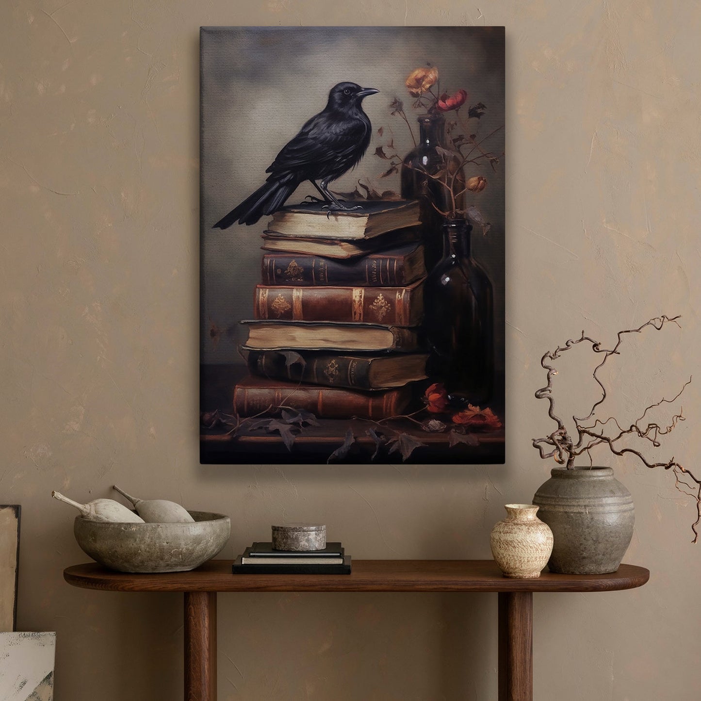 The Raven's Vigil Over Timeless Tales, Black Raven Canvas Painting, Wall Art Decor - Poster Gift For Raven Lovers