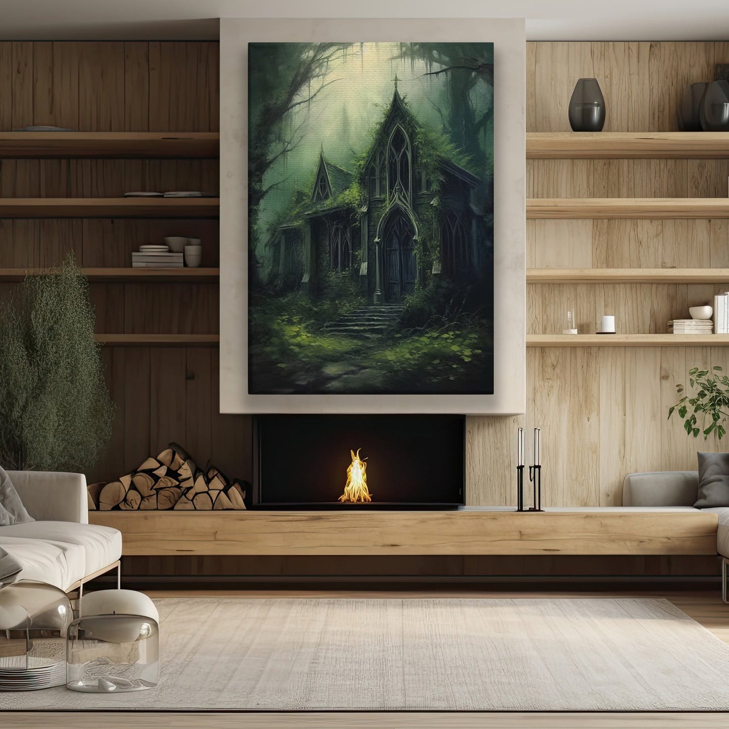 The Forgotten Chapel In The Misty Woods, Dark House Canvas Painting, Wall Art Decor - Dark House Poster Gift