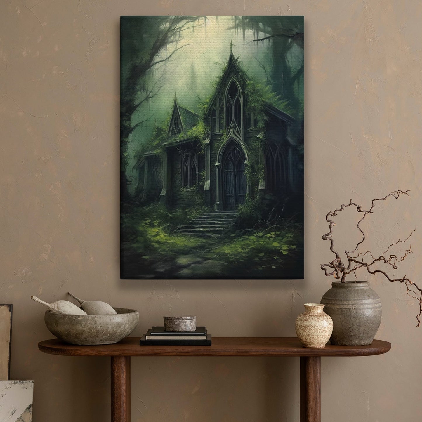 The Forgotten Chapel In The Misty Woods, Dark House Canvas Painting, Wall Art Decor - Dark House Poster Gift